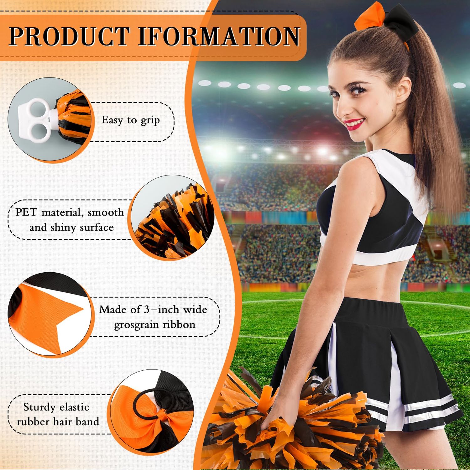 Cheerleading Pom Poms and Large Cheerleader Hair Bow for Girl, 12 Inch Large Metallic Cheer Cheerleader Pom Poms for Sports Team Spirit Cheering (Orange Black Mixed)