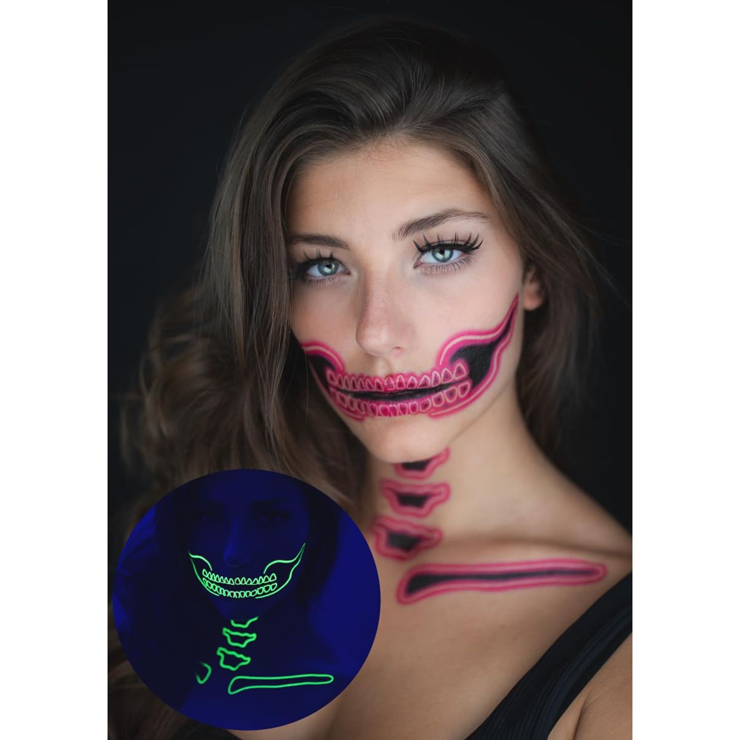 Tattoocrew 2 x Neon Skull Face Pink Temporary Tattoo, Halloween Costume for Women and Men, Adult, Glow in the Dark