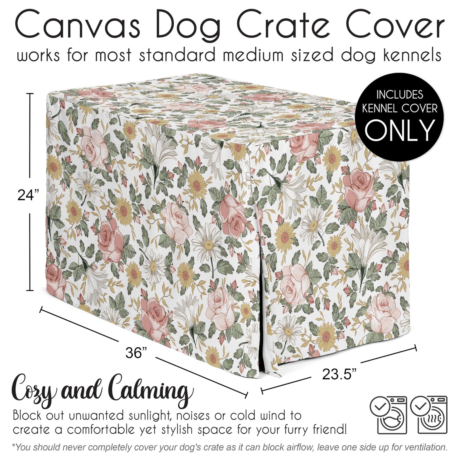 Sweet Jojo Designs Vintage Floral Boho Girl Dog Crate Cover – Kennel Covers for 36 Inch Pet Cage Medium - Blush Pink Yellow and Green Bohemian Shabby Chic Rose Flower Farmhouse White