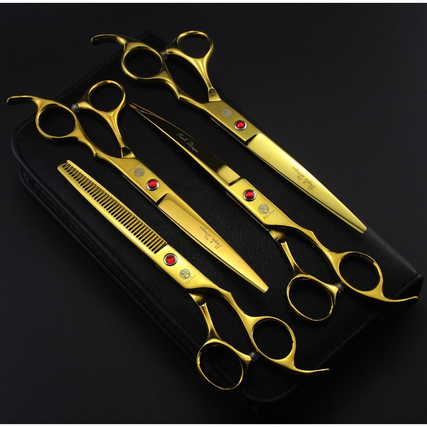 Purple Dragon Professional 7.0 inch 4PCS Pet Grooming Scissors Kit Japan Premium Steel Straight & Curved & Thinning Blade Dog Hair Cutting Shears Set with Case