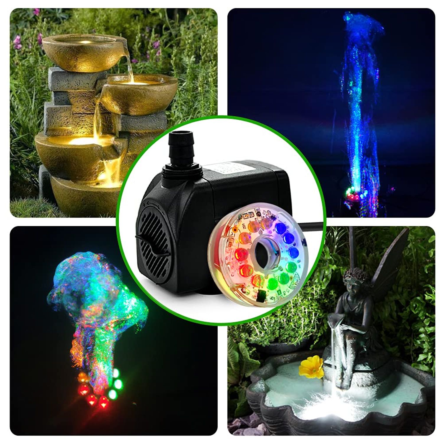 PULACO 10Watt 160GPH Submersible Fountain Pump with Automatic Color Changing LED Light and flow regulator for Water Feature, Outdoor Pond, Aquarium fish tanks