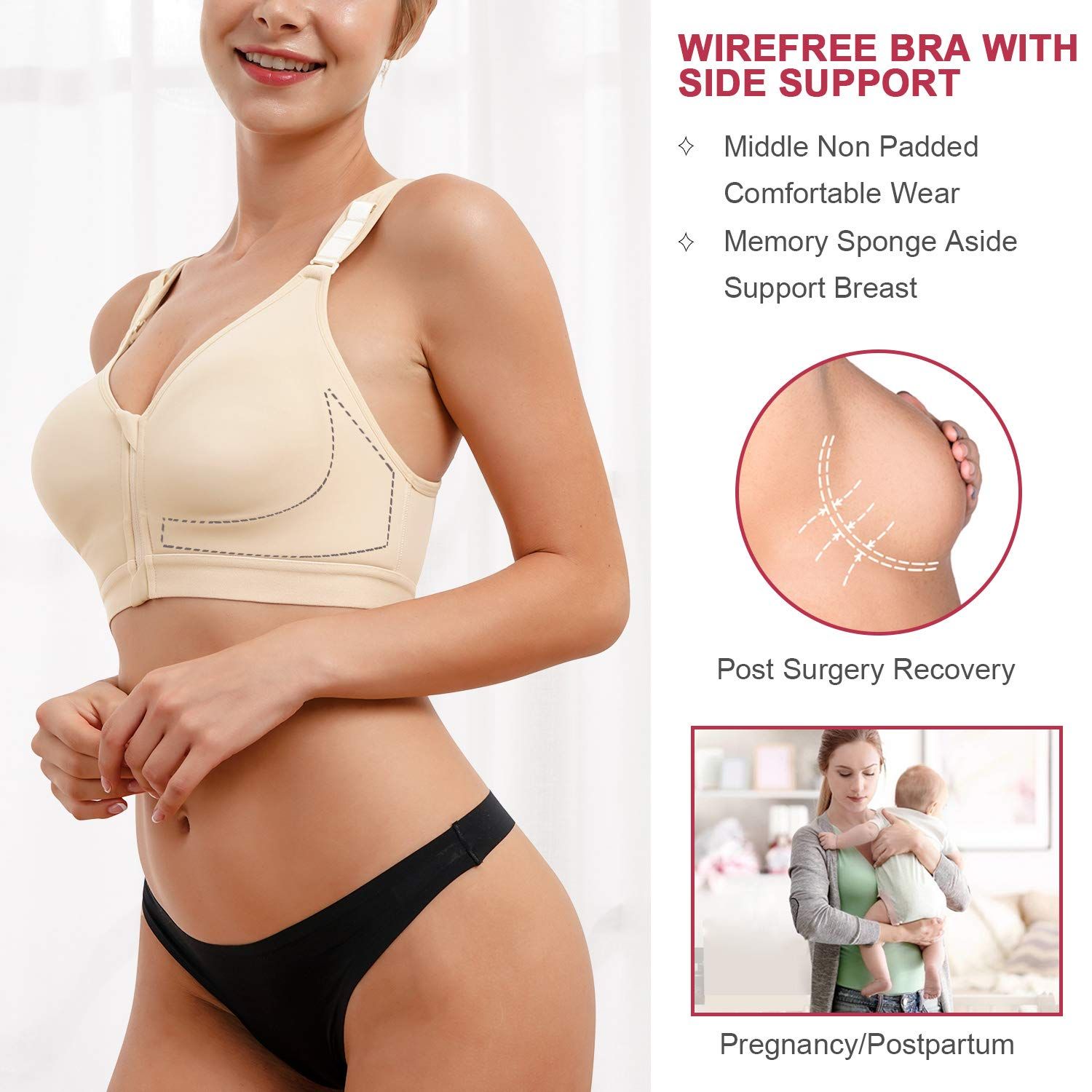 CYDREAM Women Post-Surgical Bra Zip Front Post Surgery Sports Bras Racerback Support Wireless Adjustable Straps (L, Beige)