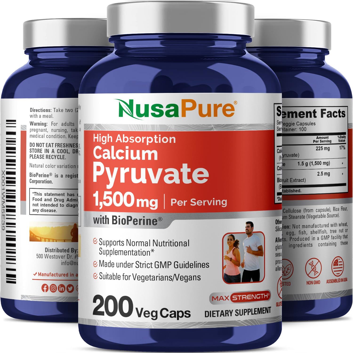 NusaPure Calcium Pyruvate 1500mg 200 Vegetarian Caps (Non-GMO, Vegan) - 750mg per caps