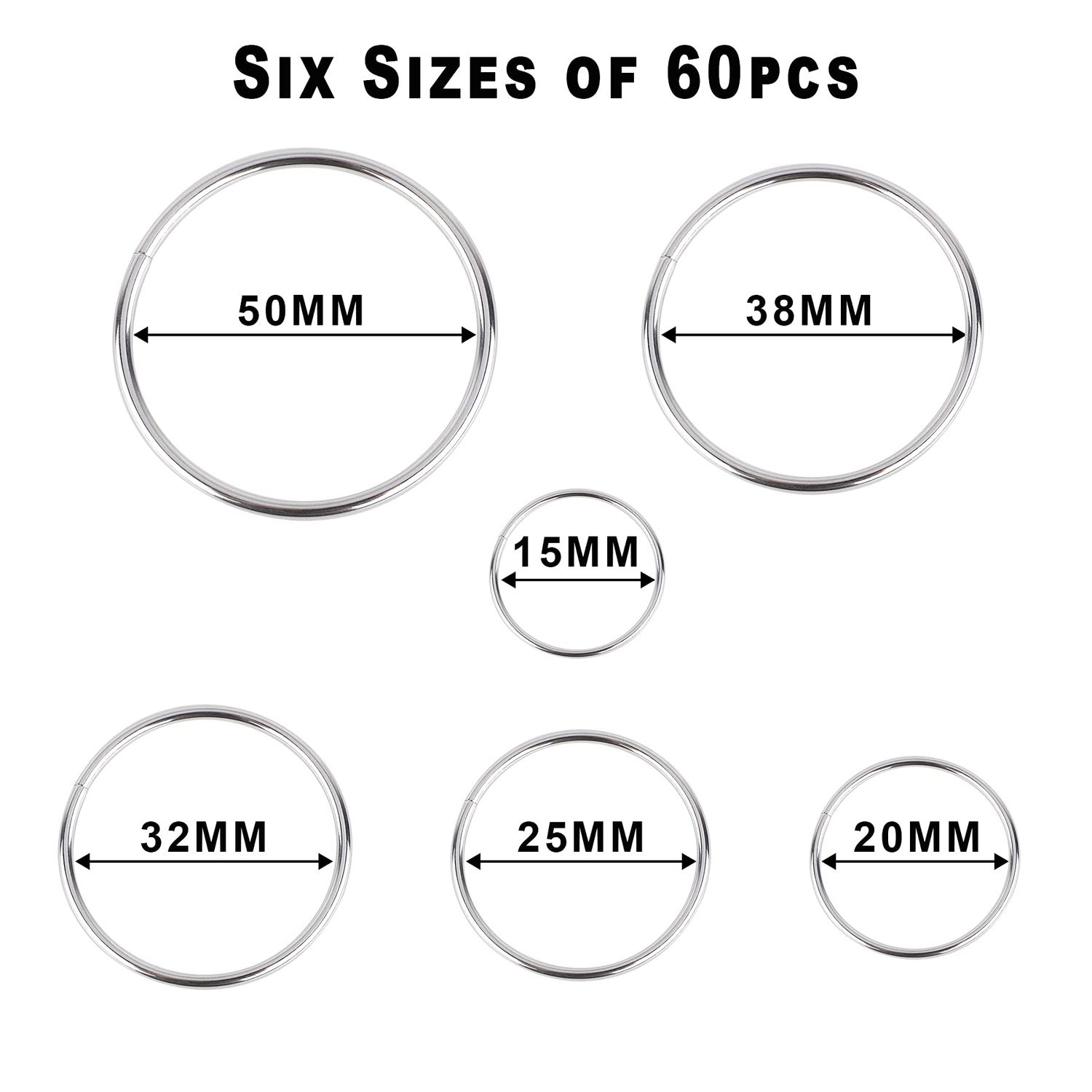 PETKNOWS 90Pcs 6 Sizes Silver Metal O Rings Multi-Purpose Heavy Duty Round Ring for Hardware Bags Belts Dog Leashes Hanging Basket DIY Craft Supplies, 15mm, 20mm, 25mm, 32mm, 38mm, 50mm