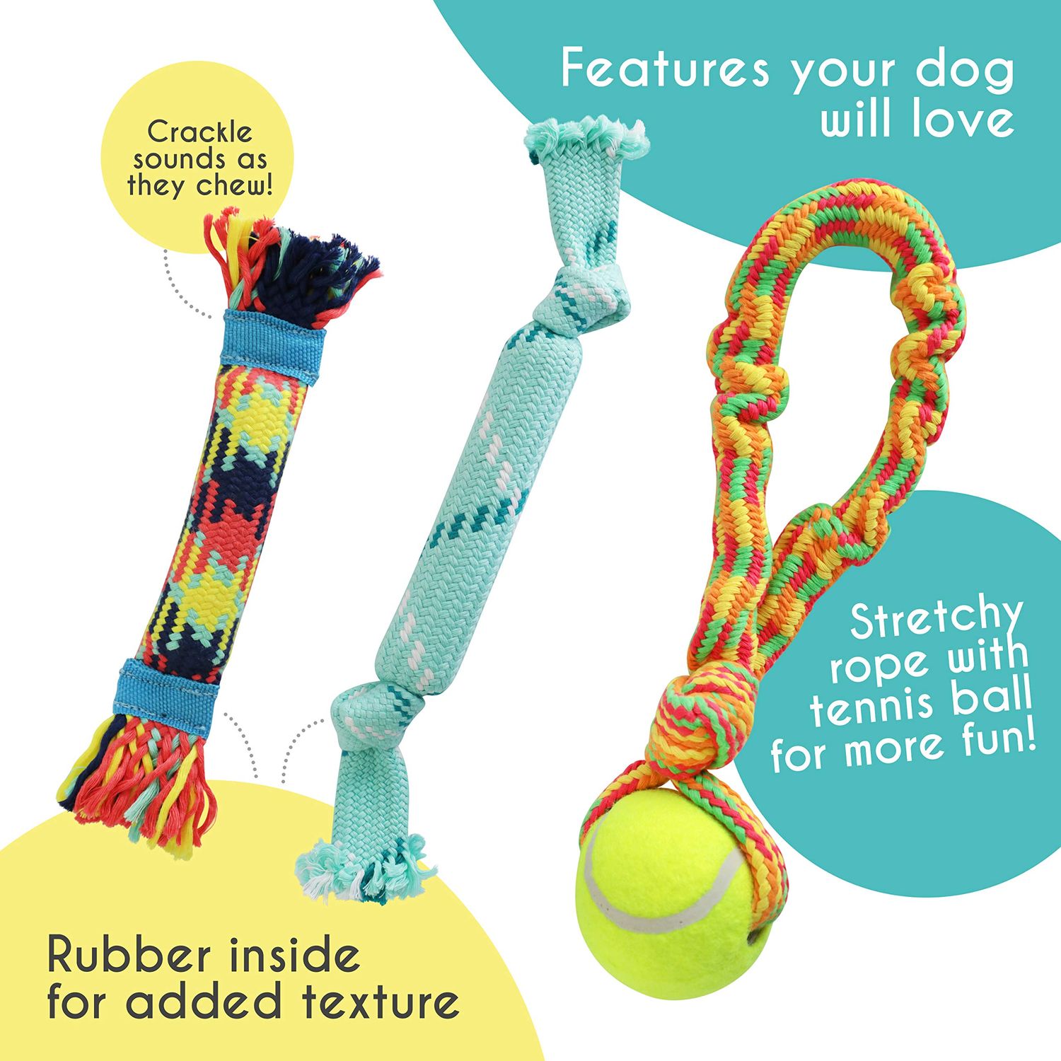 rocket & rex 3-Pack Dog Toy Set, Dog Rope Toys | Small to Medium Breeds | Stretchy Dog Toy Tug Rope, Tug of War Toy, Rubber and Crackle for Extra Chewing Fun | Dog Stocking Stuffer