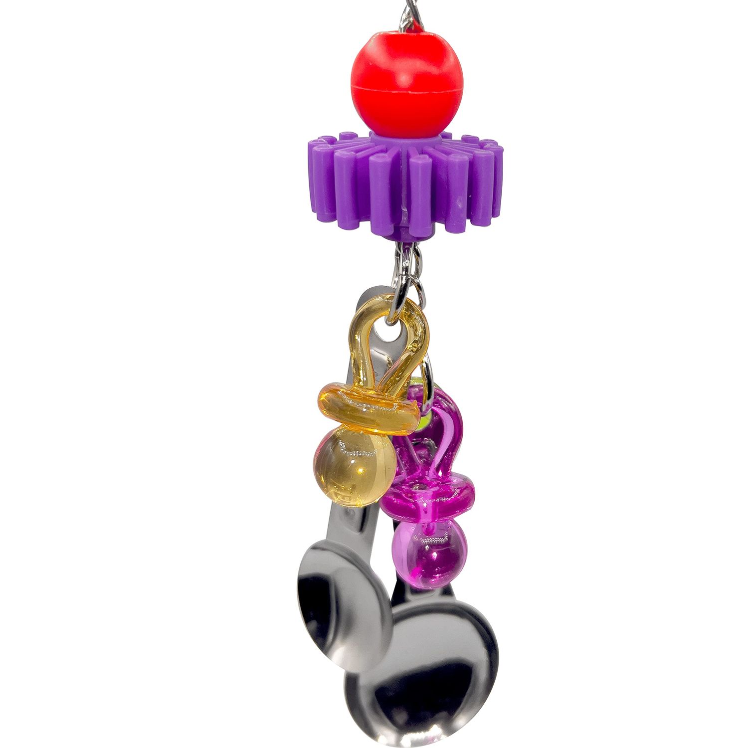 Mandarin Bird Toys 1020 Paci Spoon Beater by M&M Handcrafted Pleasantly Noisy Hanging Bird Toy, Shiny Stainless Steel Spoons, Beautiful Acrylic Pacifiers, Perfect for Small Pets Budgie Finch Canary