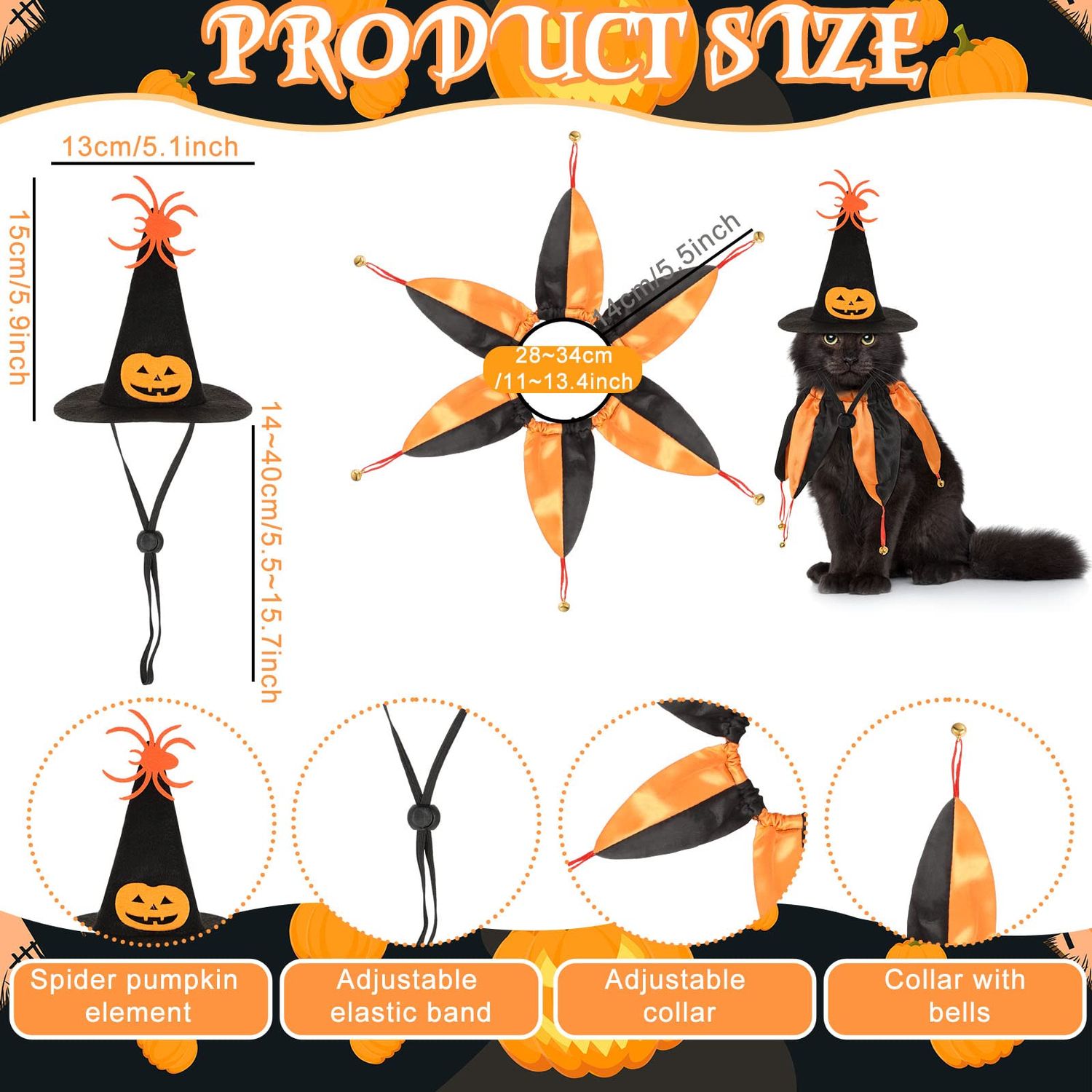 4 Pcs Halloween Cat Witch Costumes Witch Cat Hats and Collars with Bells Funny Wizard Costumes Cat Halloween Apparel Accessories for Small Dogs and Cats Halloween Party Cosplay Decorations Supplies