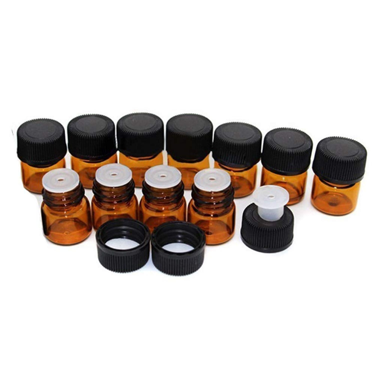 ELFENSTALL 50Pcs 2ml Oil Bottles for Essential Oils (5/8 Dram) Amber Glass Vials Bottles, with Orifice Reducers and Black Caps