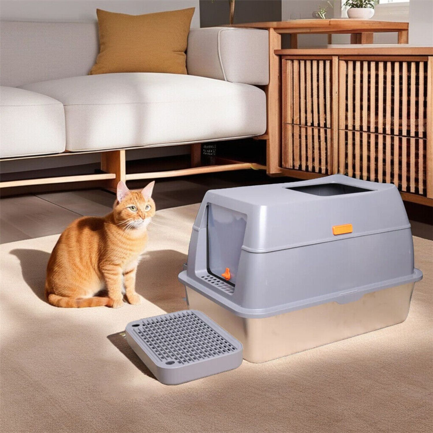 Large Stainless Steel Cat Litter Box Enclosed Cat Litter Tray w Sand Filter Peda