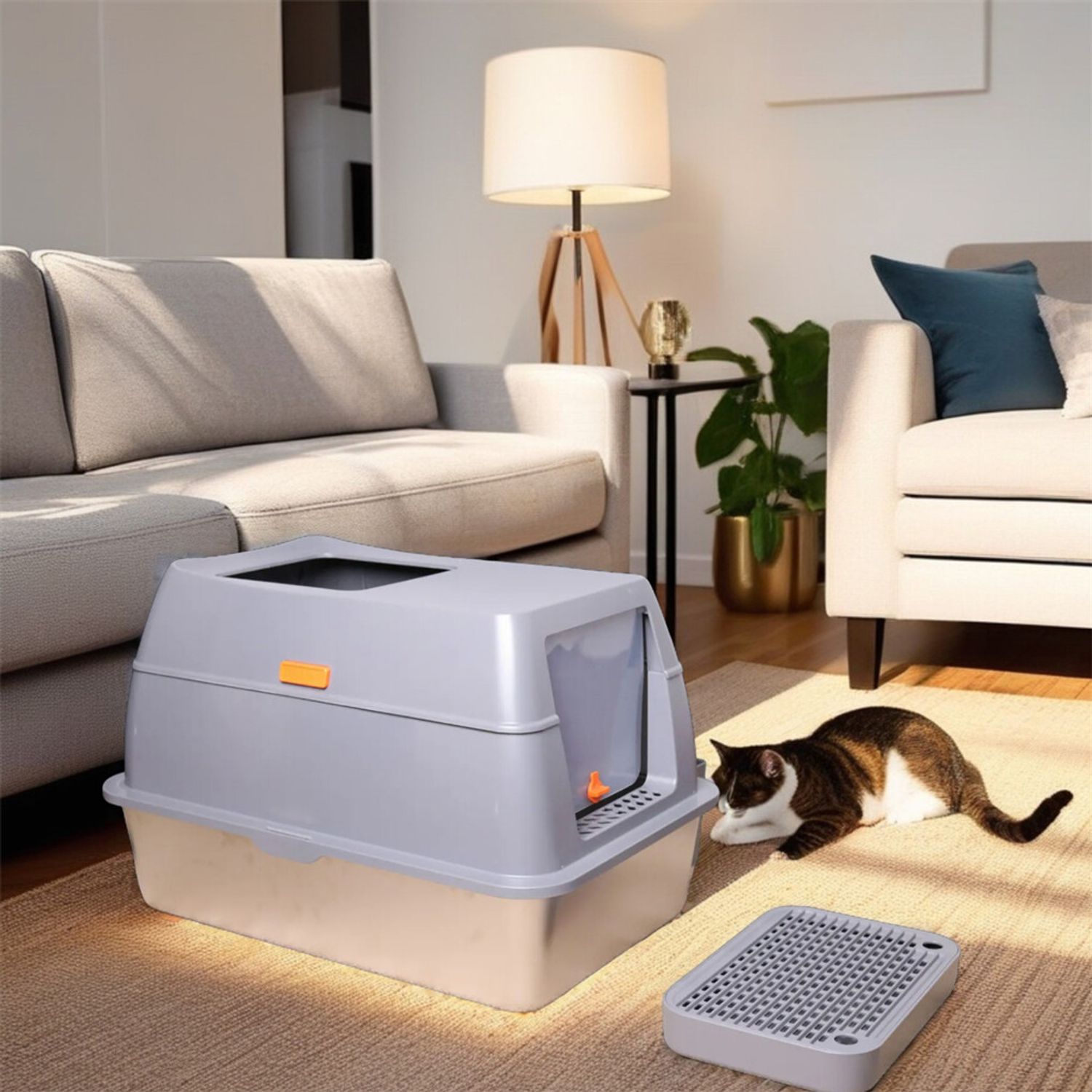 Large Stainless Steel Cat Litter Box Enclosed Cat Litter Tray w Sand Filter Peda