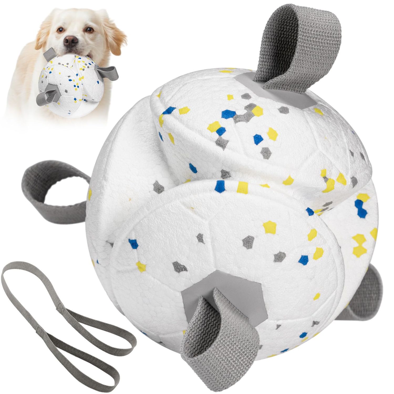 Moonorange Dog Toys Soccer Ball with Nylon Straps Interactive Durable for Tug of War Water Gifts for Puppy Birthday Indoor Outdoor, White