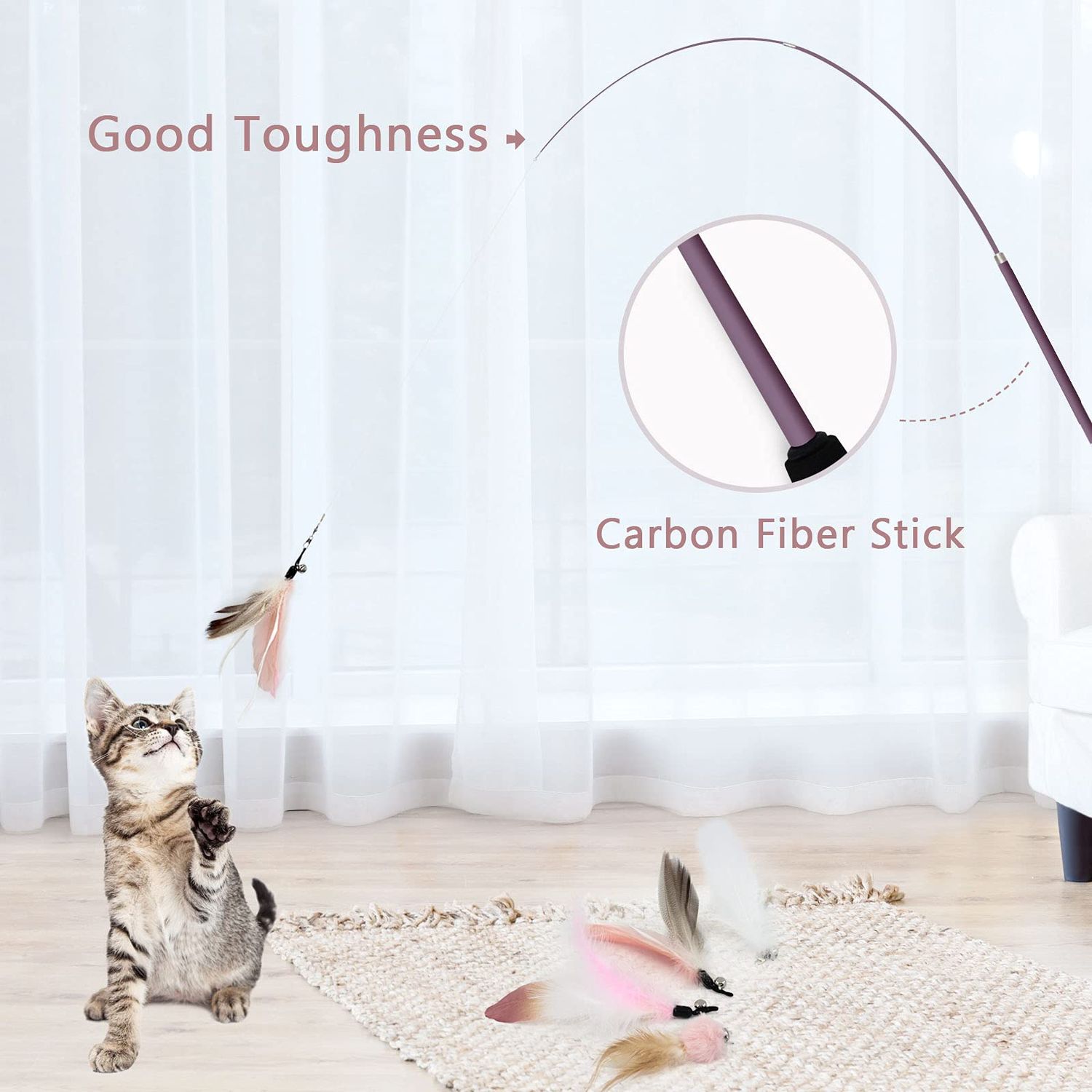 SONGWAY Interactive Feather Toys - 7 Pcs Cat Toy Set, Retractable Wand, Teaser Refills With Worm Bird Feathers and Bell for Indoor Cats Kitten Play Chase Exercise, Light Pink