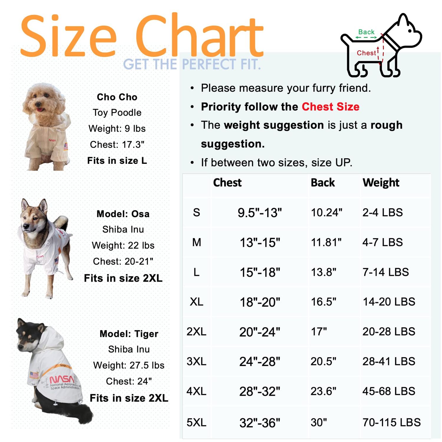ChoChoCho NASA Dog Raincoats, Reflective Rain Jacket Water Proof, Dog NASA Costume, Dog Clothes, Pet Stylish Streetwear Outfit for Dogs Cat Puppy Small Medium Large (White, 4XL)