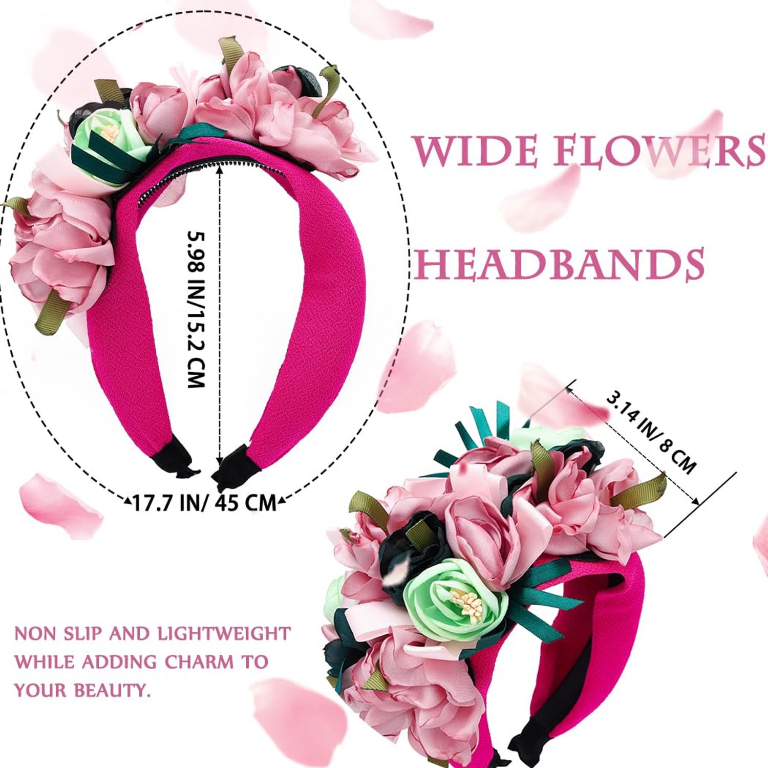 Sinalty Boho Wide Headbands Flowers Pink Headband Non Slip Handmade Hair Bands for Women's Hair Festival Prom Party Headwear (Pink)