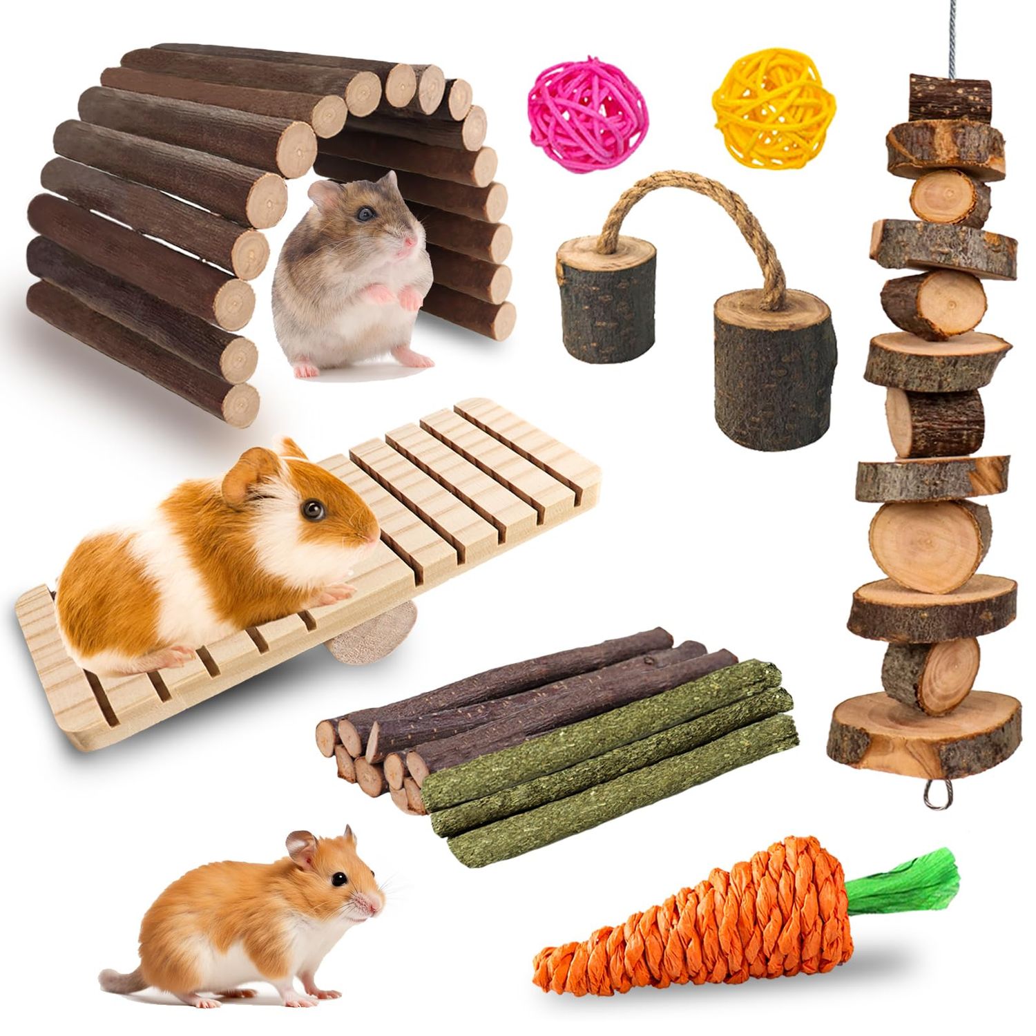 Grddaef Hamster Toys, Rabbit Chew Toys Guinea Pig Enrichment Toys Cage Accessories for Chinchilla Gerbils Rats Bunny Squirrels