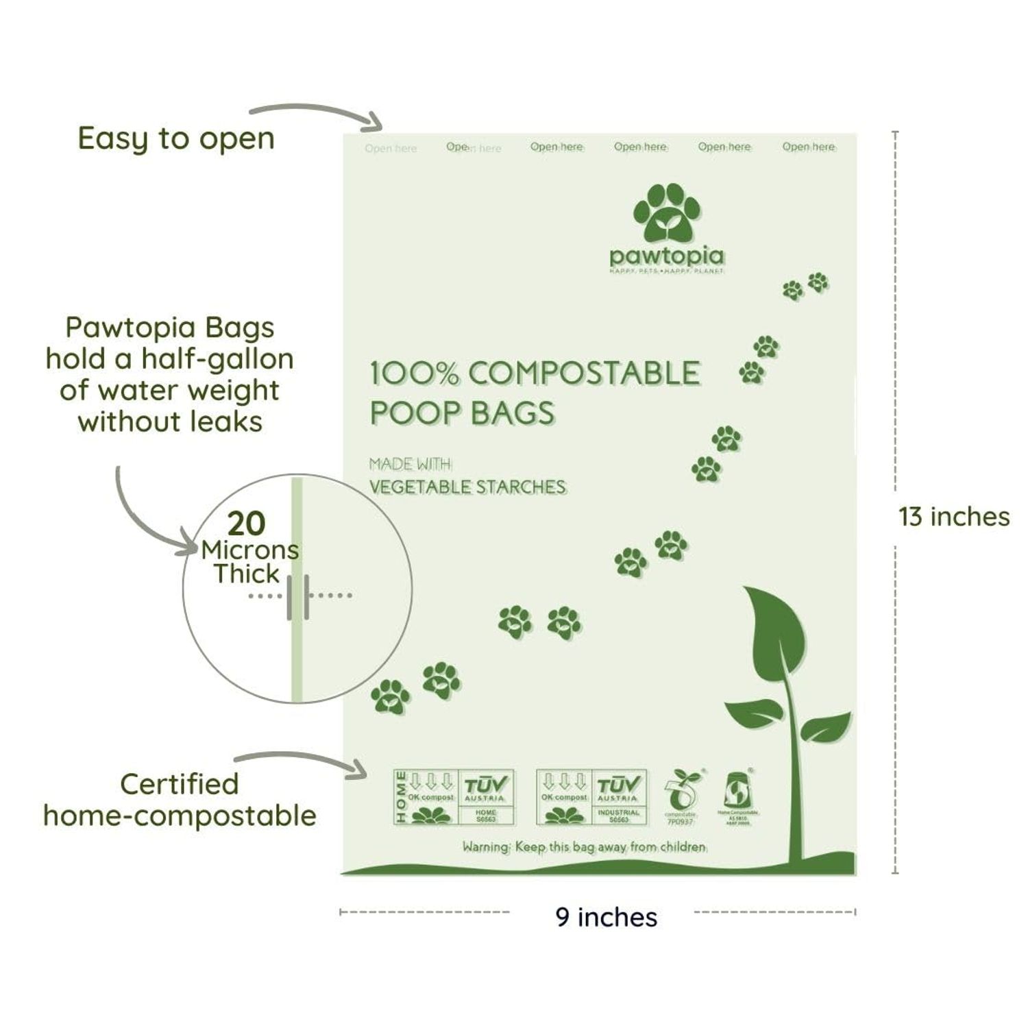 Pawtopia Certified Home Compostable Dog Poop Bags (120 Bags), Biodegradable Poop Bags, Cat Litter, Vegetable Starches, Eco-friendly Dog Waste Bags, Leak proof, Easy to Open, Give Back