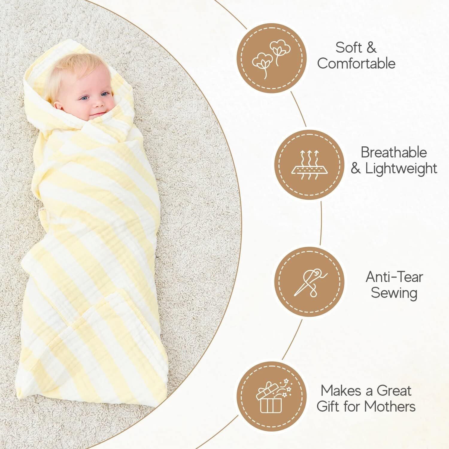 HardNok Muslin Baby Bath Towel Set, 2 Large Gauze Super Soft Baby Bath Towel and 3 Washcloths, 6 Layers Muslin Cotton Infant Blanket Suitable for Baby's Delicate Skin (Amsicotion)