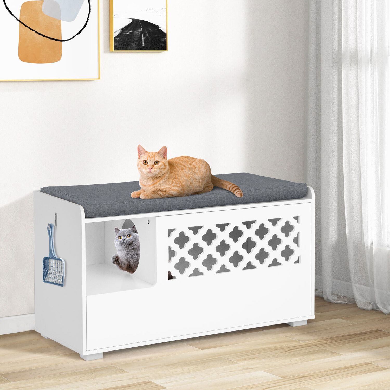Cat Litter Box Enclosure w/ Removable Cushion & Flip-Down Opening Modern White