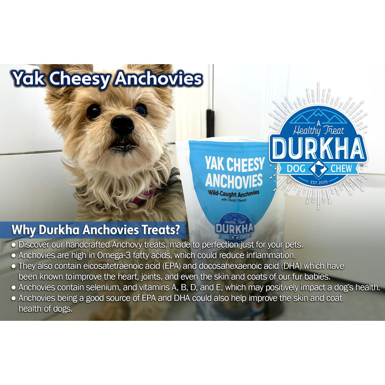 Durkha Whole Anchovies Dog Treats – All-Natural Single Ingredient Fish Treats, High in Omega-3, Packed with Vitamins & Minerals for Skin, Coat, and Heart Health - 1 Pack