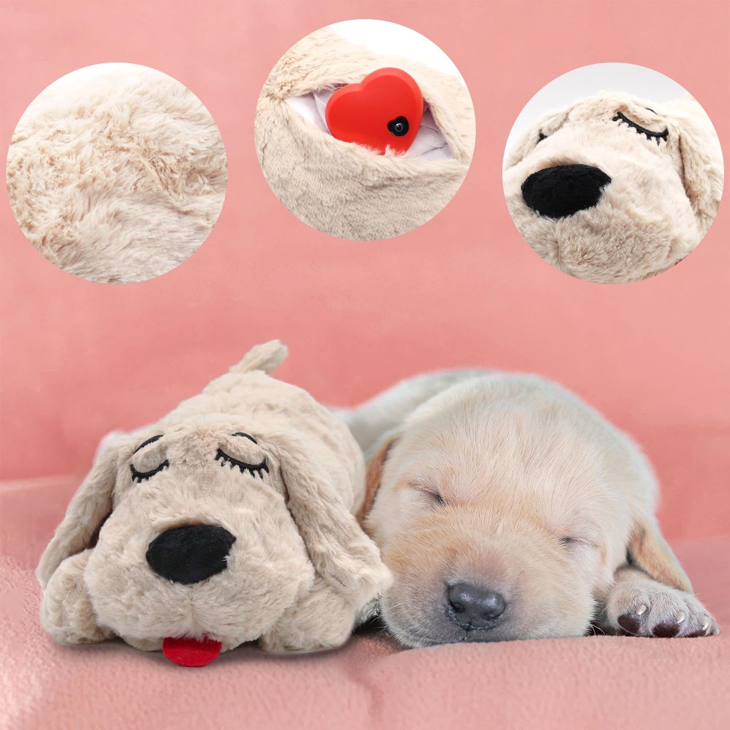 Heartbeat Puppy Toy Sleep Aid,Heartbeat Dogs Toys for Anxiety Relief,Stuffed Animal with Heartbeat for Puppy,Dog Heartbeat Toy for Puppy,Heartbeat Pillow Calming Toys Puppy Essentials Supplies(Beige)
