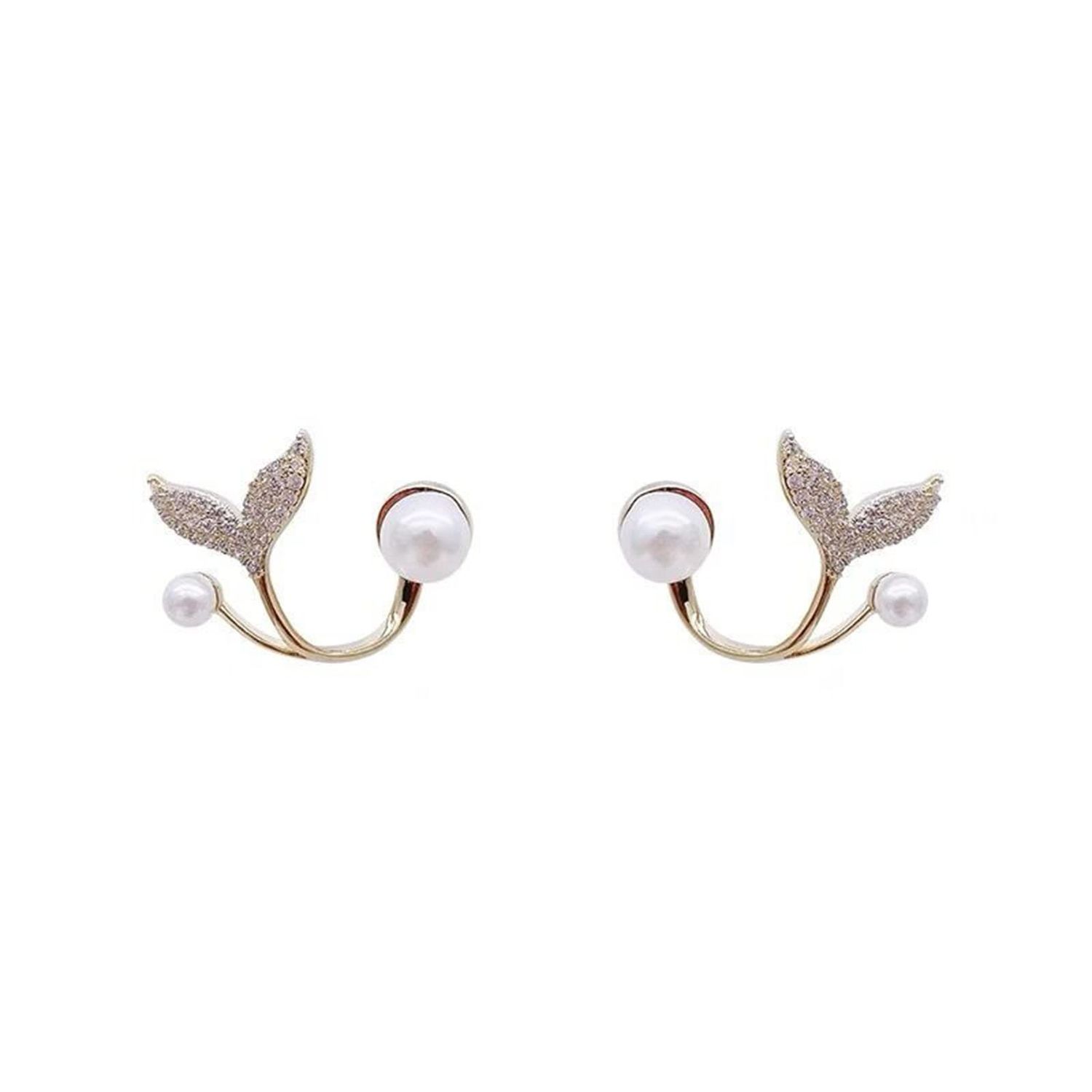Allereyae Vintage Crystal Fish Tail Ear Jacket Earrings Gold Mermaid Pearl Studs Earrings Whale Tail Earrings Front Back Earrings Jewelry for Women and Girls Gift