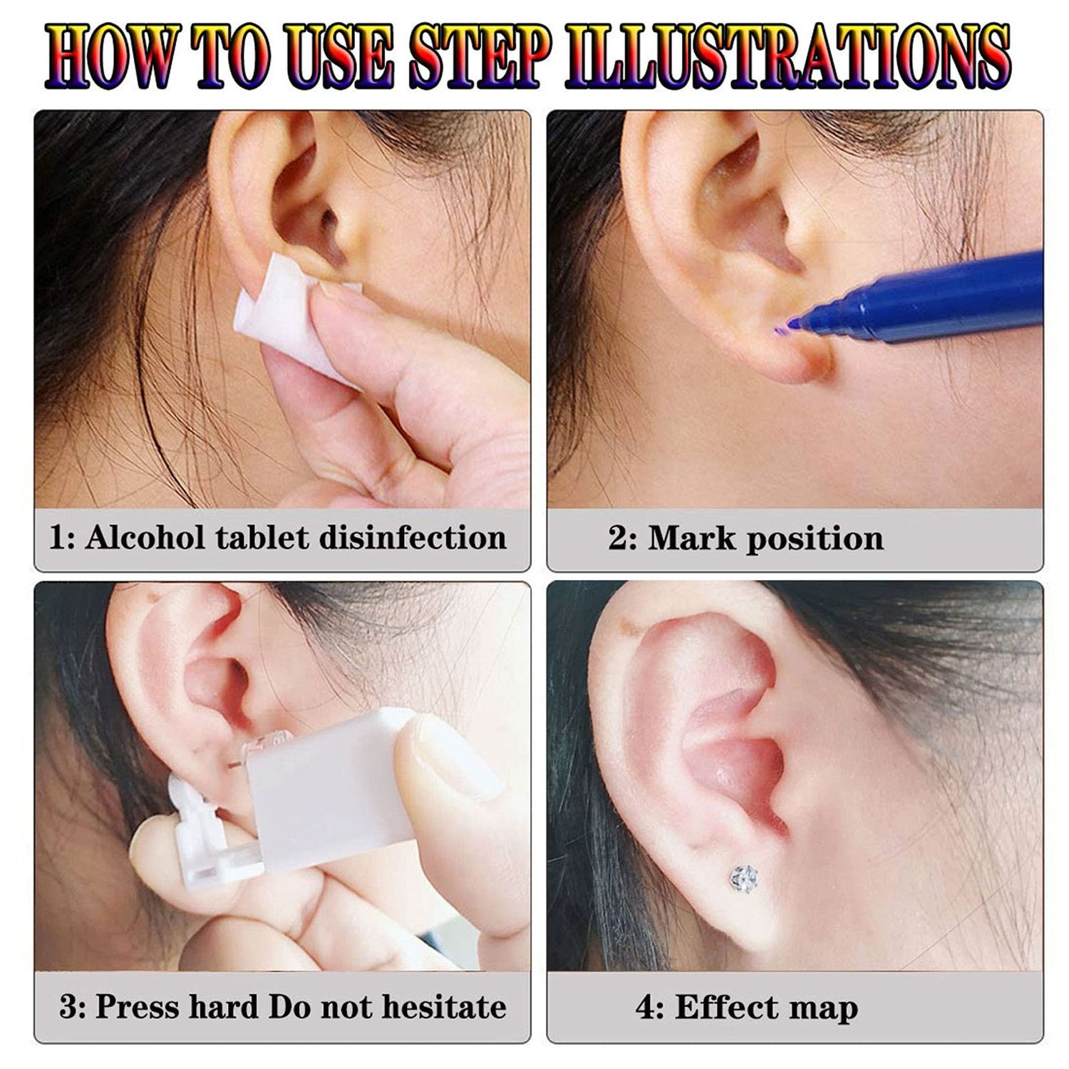4 PCS Self Ear Piercing Gun Kit, Disposable Ear Piercing Gun Tool Set with Stud Earrings and Clean for Salon Home Use (3MM)