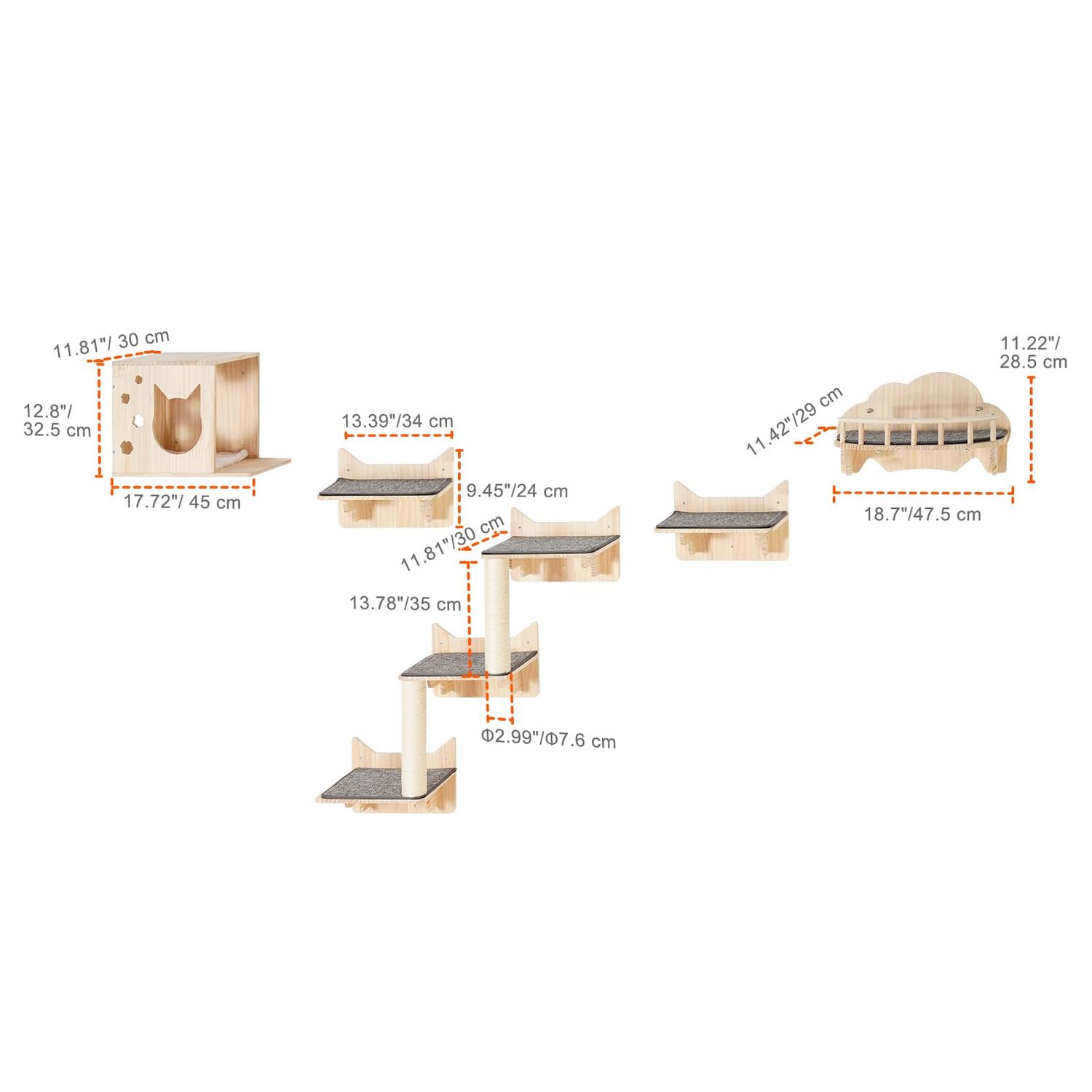 Happybuy Wall Mounted Cat Shelves, Cat Wall Shelves and Perches with Jumping Boards, Nest, Barrier Board & Cat Tree, Cat Floating Furniture up to 40 lbs for Sleeping, Playing, Climbing, Set of 5