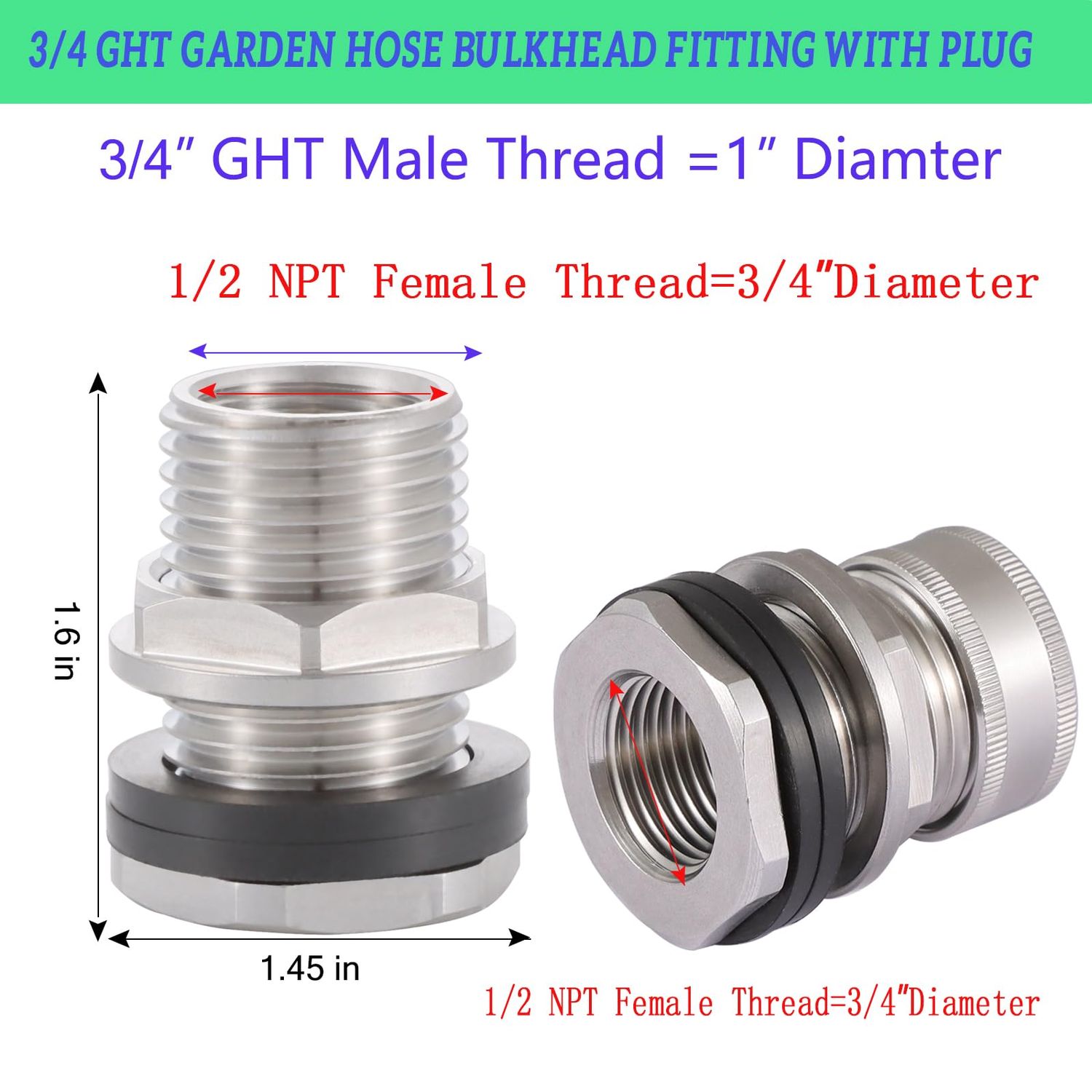 SNUTUYA Bulkhead Fitting With Plugs（304 Stainless steel），lead-free, 1/2" Female NPT, 3/4" Male GHT (garden Hose Thread), for Rain Barrels, Aquariums, Water Tanks, Tubs, Pools, Spigot, Sinks，2 Pack…