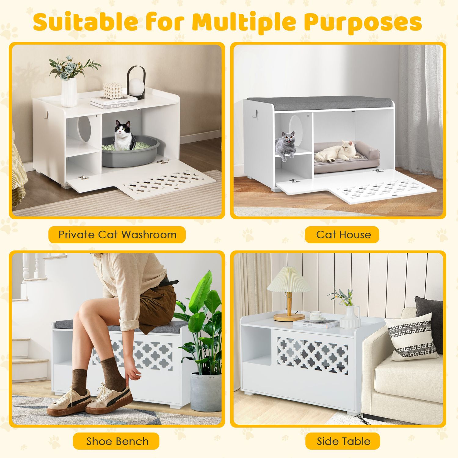 Cat Litter Box Enclosure w/ Removable Cushion & Flip-Down Opening Modern White
