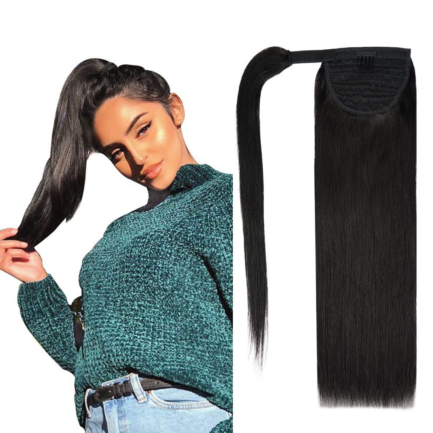 14 inch Ponytail Extension Human Hair 70g #1B Natural Black 100% Remy Human Hair Ponytail Long Straight Wrap Around Ponytail Human Hair Clip in Hair Extensions One Piece Hairpiece for Women