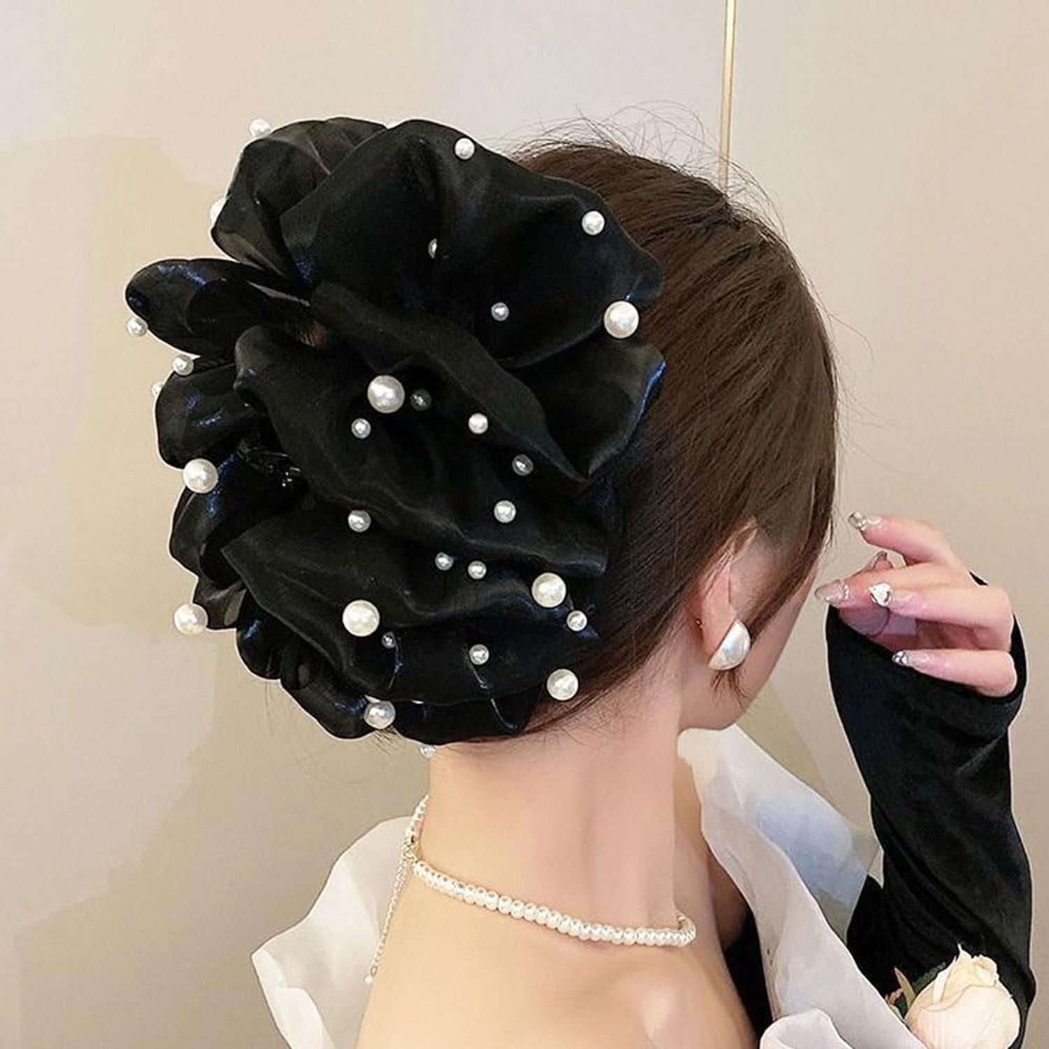 2 PCS Chiffon Silk Hair Claw Clips Large Pearl Hair Claw Clips Bows Hair Clips Barrtette Hair Accessories for Women Girls