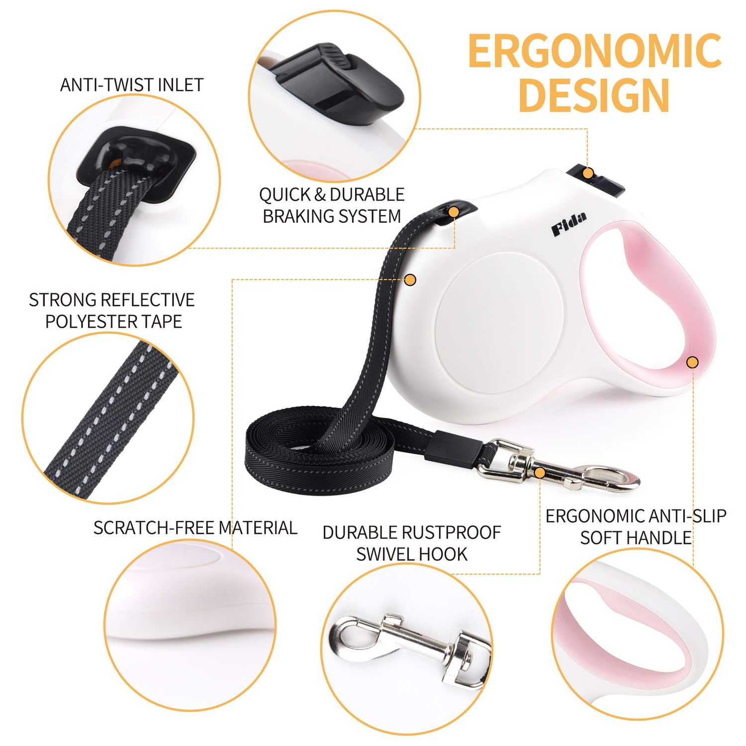 Fida Retractable Dog Leash with Dispenser and Poop Bags, 16 ft Pet Walking Leash for Medium Dog or Cat up to 44 lbs, Anti-Slip Handle, Tangle Free, Reflective Nylon Tape (M, White)