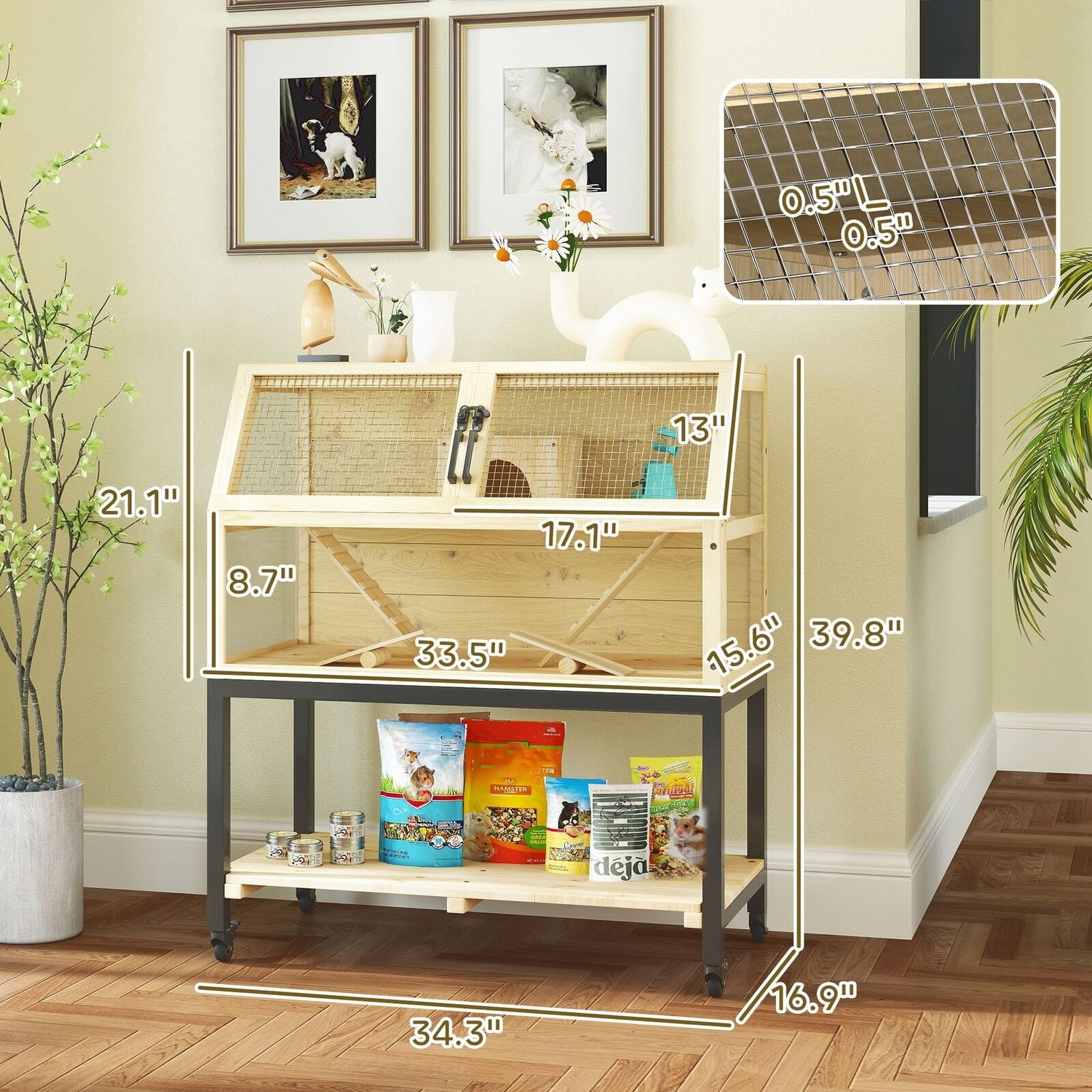 Hamster Cage on Wheels with Storage Shelf, 34"L x 17"W x 40"H