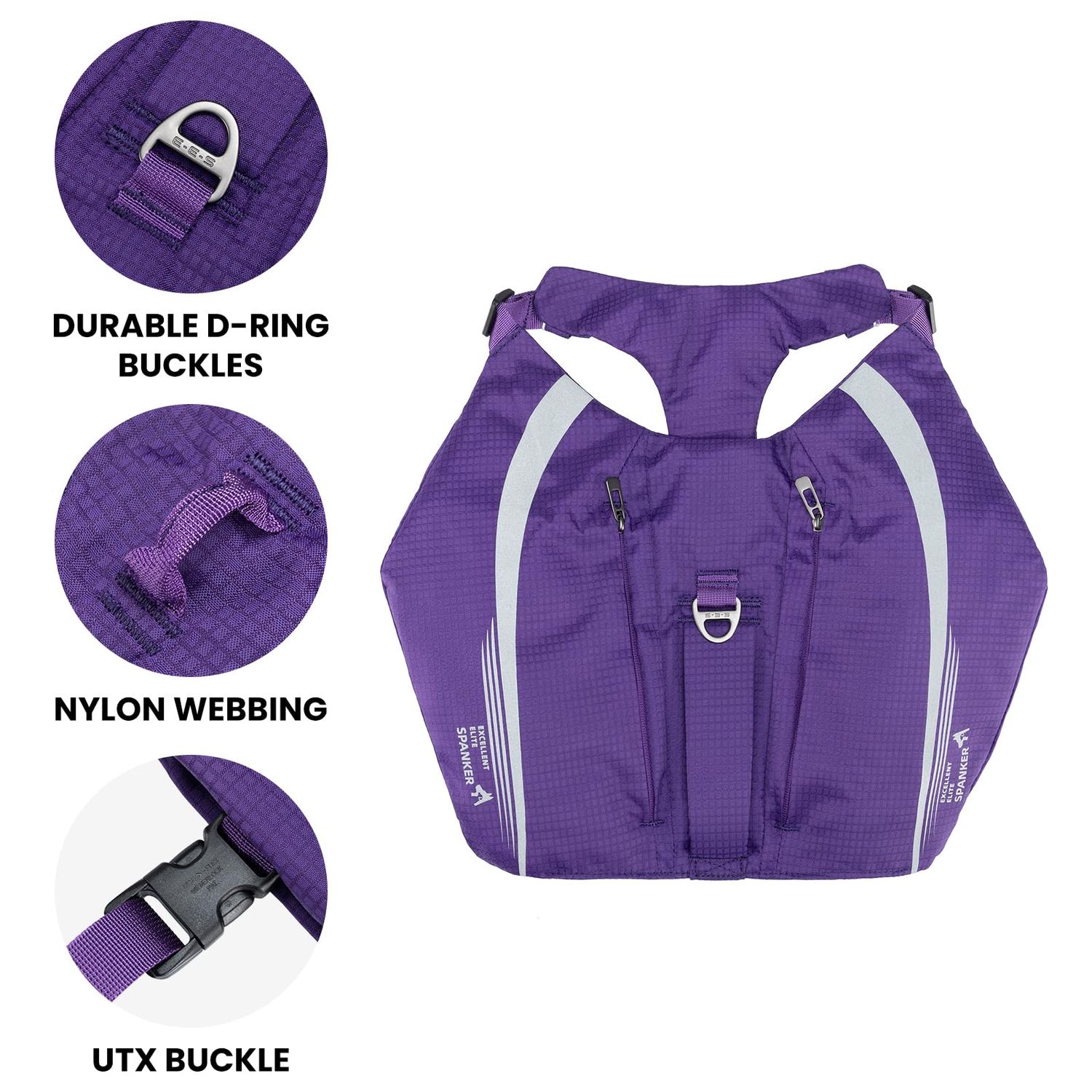 EXCELLENT ELITE SPANKER Y-Shaped Reflective Dog Backpack with Handle Pockets No Pull D-Rings Lightweight Hiking Gear for Dogs Hunting Camping Travel (Purple)