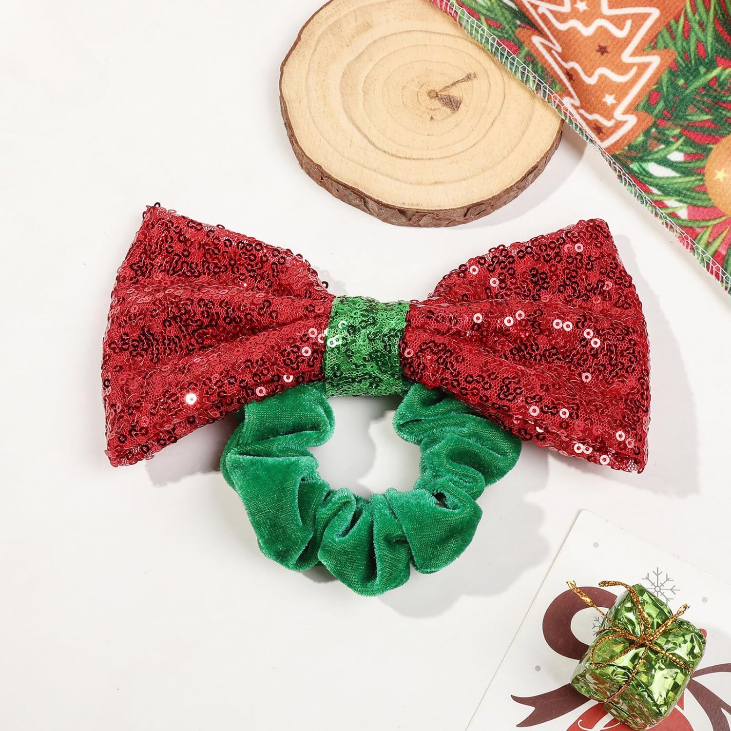 Christmas Bow Hair Scrunchies Sequins Bowknot Hair Ties Red Velvet Elastic Hair Band Ponytail Holder Xmas Hair Accessories for Women Girls