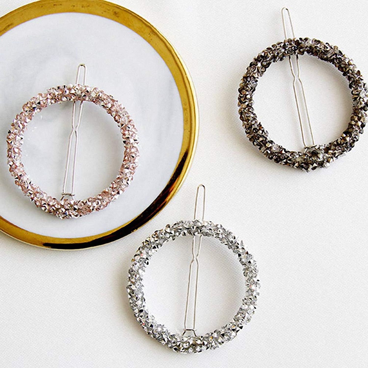 Giwotu 1 pc Crystal Rhinestones Hairpin Star Triangle Round Shape Women Hair Clips Barrettes Hair Accessories Round Silver