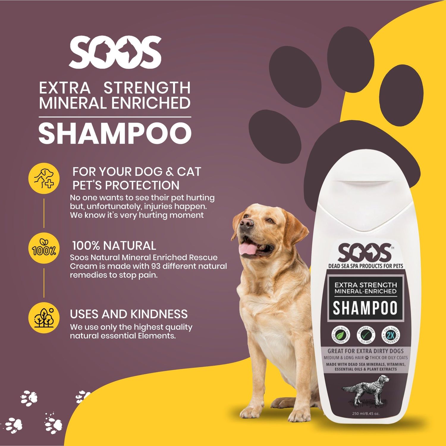 Soos Pets Shampoo Extra Strength for Cat and Dog Shampoo Natural Dead Sea Mineral Enriched Fast Absorbing with Vitamins Essential Oils Natural Ingredients Antib-acterial - 1x 250ml