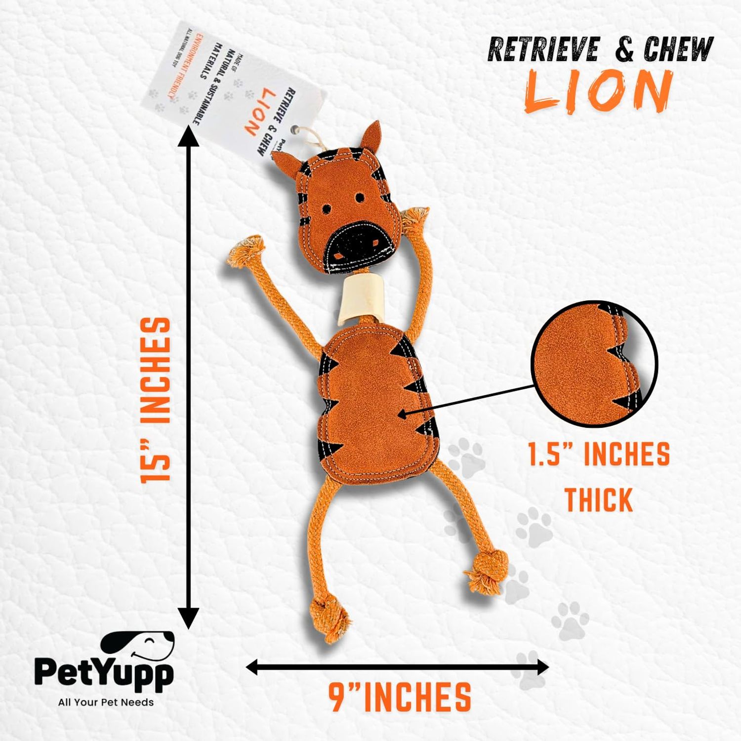 PetYupp Genuine Leather & Jute Dog Tuff Toy with Natural Buffalo Bone and Coconut Fiber Filling - Interactive Dog Toys for Small, Medium Size & Teething Puppy, Tug-of-War Dog Toys - (Orange - Lion)