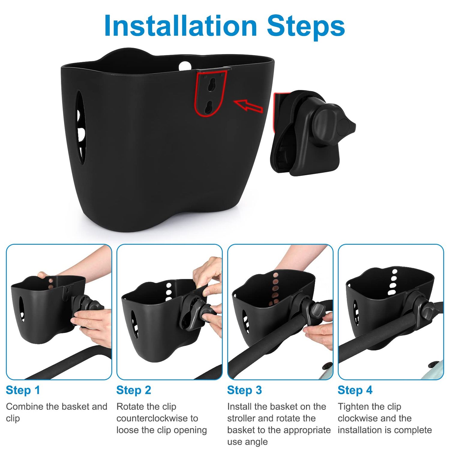 Accmor Universal Stroller Organizer Basket, Clip On Stroller Cup Holder Organizer Tray, Stroller Organizer Basket Accessory Fits for Uppababy, Nuna Doona, Baby Jogger, Britax, Pet Strollers