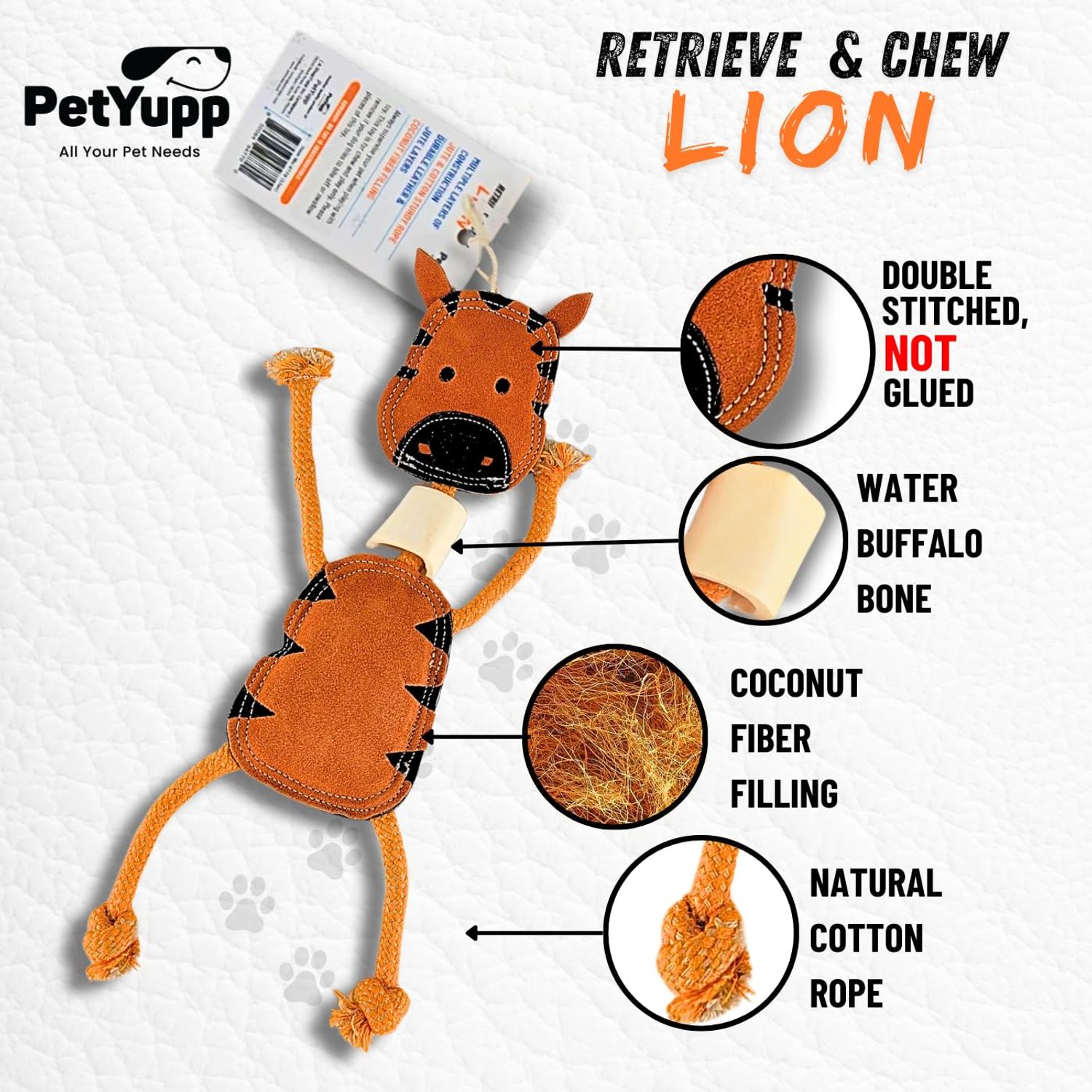 PetYupp Genuine Leather & Jute Dog Tuff Toy with Natural Buffalo Bone and Coconut Fiber Filling - Interactive Dog Toys for Small, Medium Size & Teething Puppy, Tug-of-War Dog Toys - (Orange - Lion)