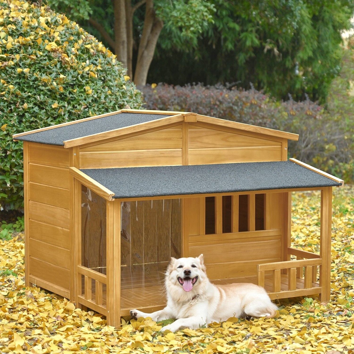 Outdoor Wooden Raised Dog House Pet Kennel w/ Porch, Medium, 40 lbs