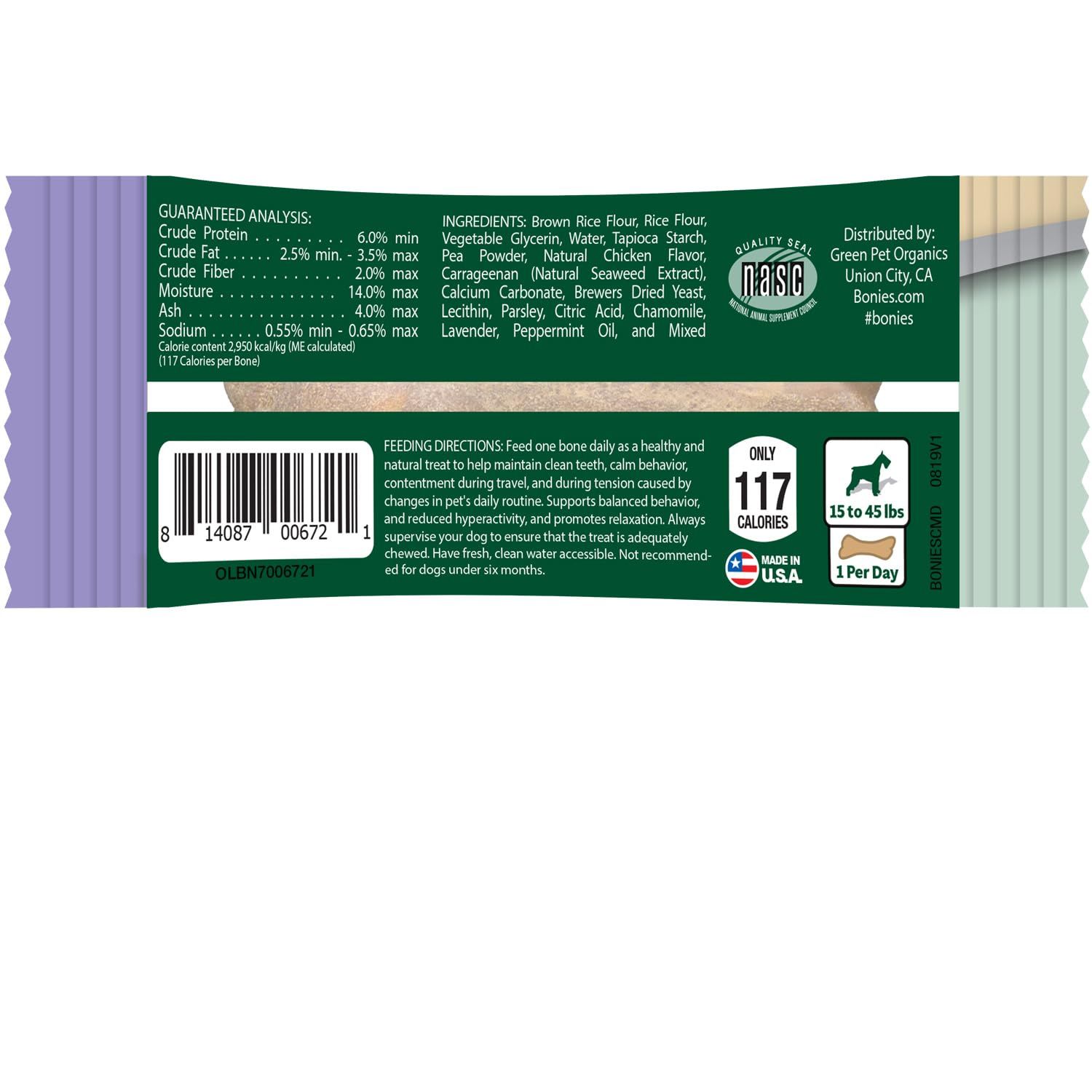 BONIES Natural Calming Formula Medium-Sized Single Bone for Dogs 25-50 LBS - Natural Dog Treats - Healthy Teeth & Fresh Breath - Low Calories - Chicken Flavor - 1 Bone