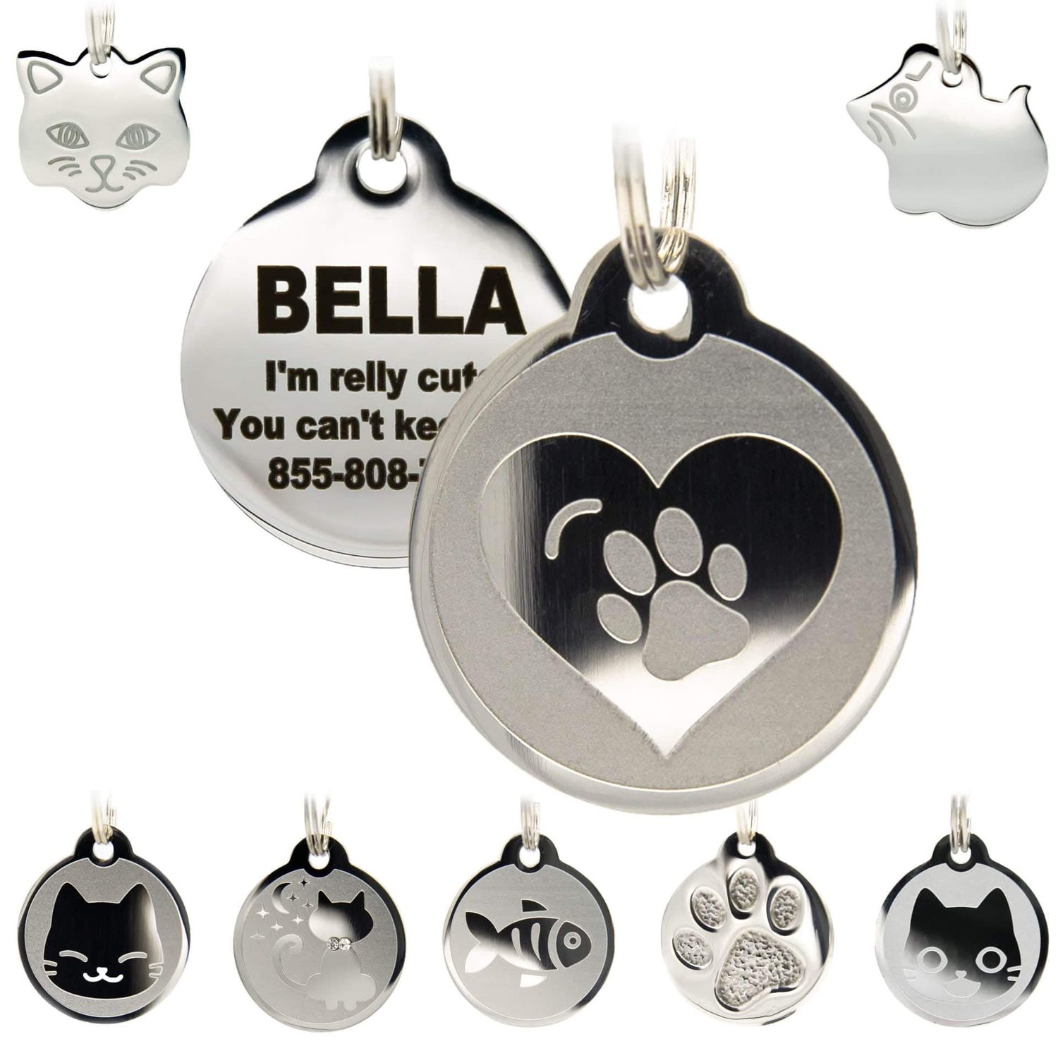 Stainless Steel Cat ID Tags - Engraved Personalized Cat Tags Includes up to 4 Lines of Text with Round Heart Shape