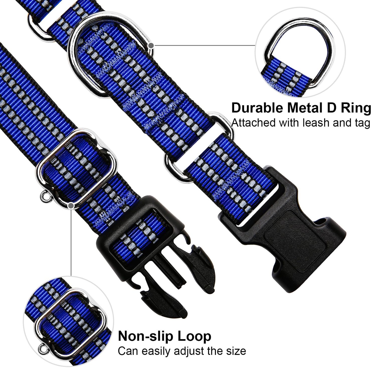 JOYEEIIOO Martingale Dog Collar, Adjustable Nylon Reflective Collar with Quick Release Buckle (Royal Blue, Large)