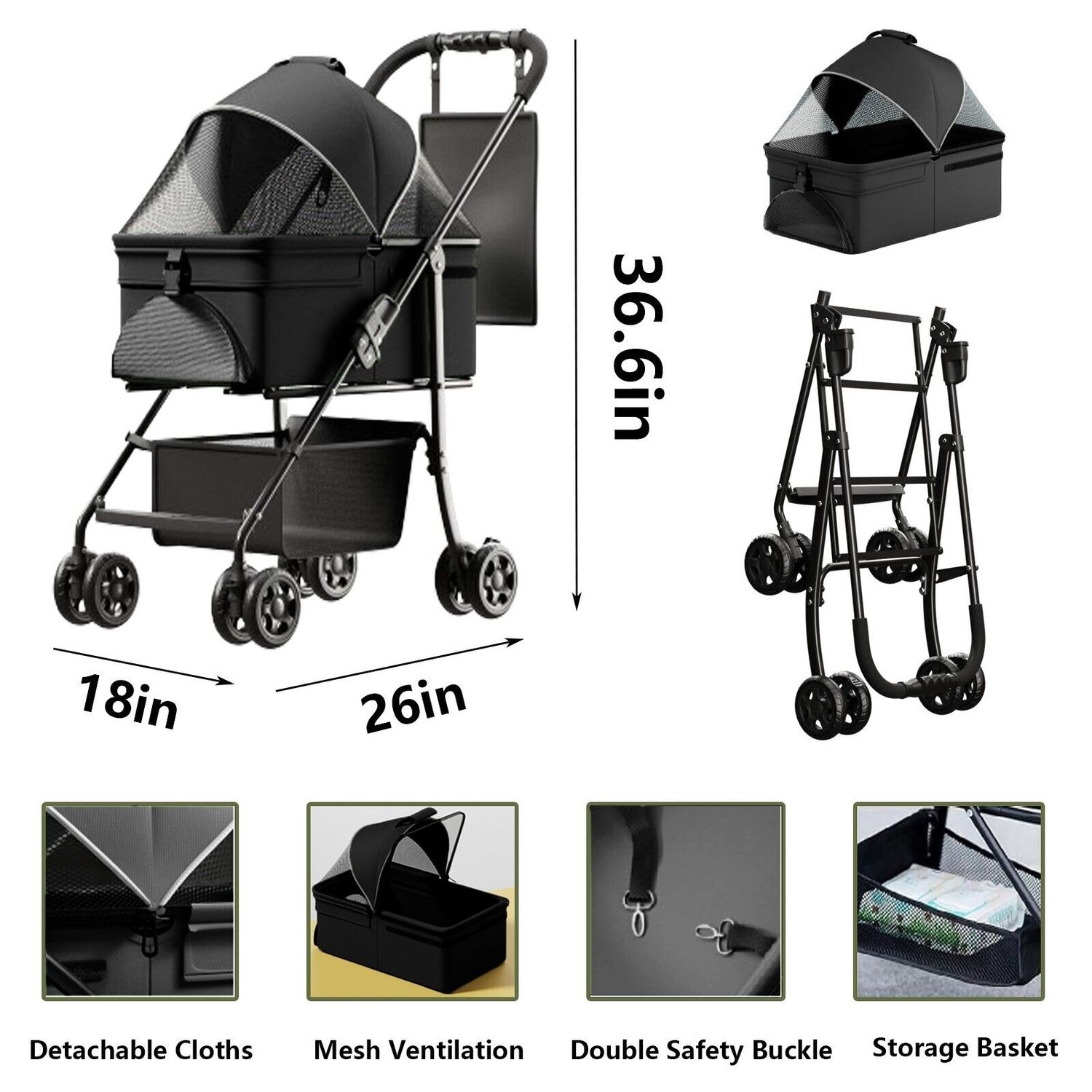 3 in 1 Multifunction Folding Pet Stroller for Dog/Cat + Carrier + Car Seat