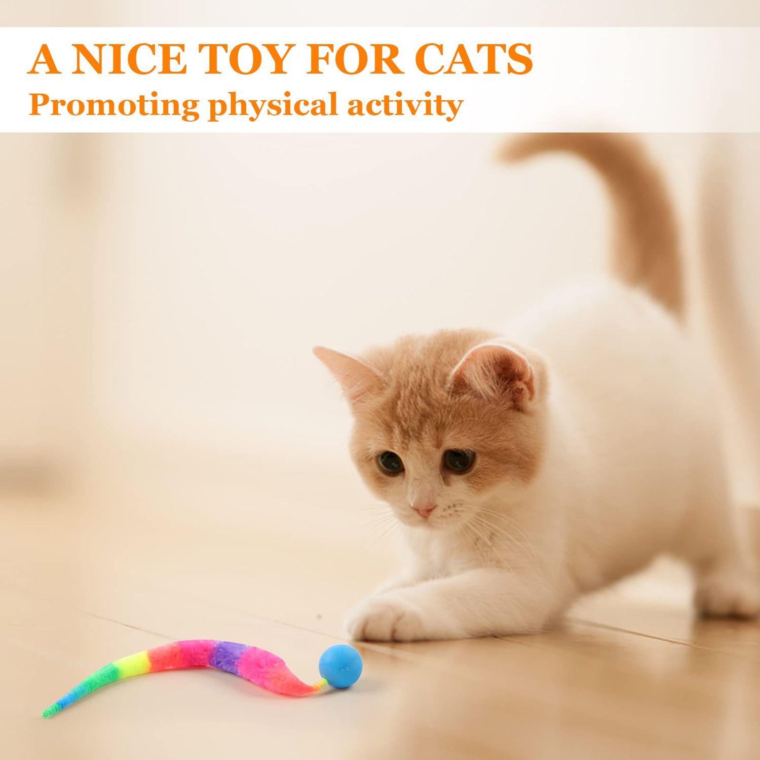 SHENGSEN Mixed Bouncy Ball with Tail Cat Toys-5 Packs,Rainbow Magic Worm with Ball Toy for Cats,Colorful Fuzzy Worm Bouncy Balls Cat Toy