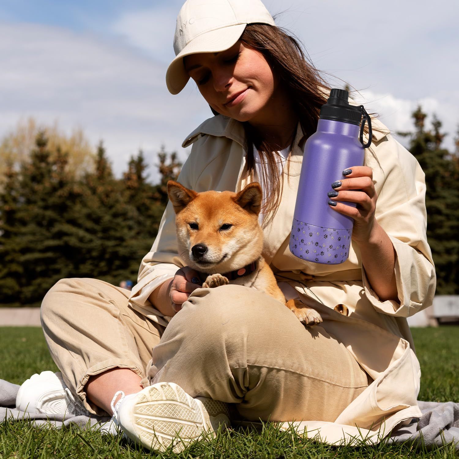AGH Dog Water Bottle, 32oz Portable Dog Water Bottle with Detachable Bowl Food Feeding, Double Wall Vacuum Flask Stainless Steel Dog Travel Water Bottle for Walking and Hiking, Purple