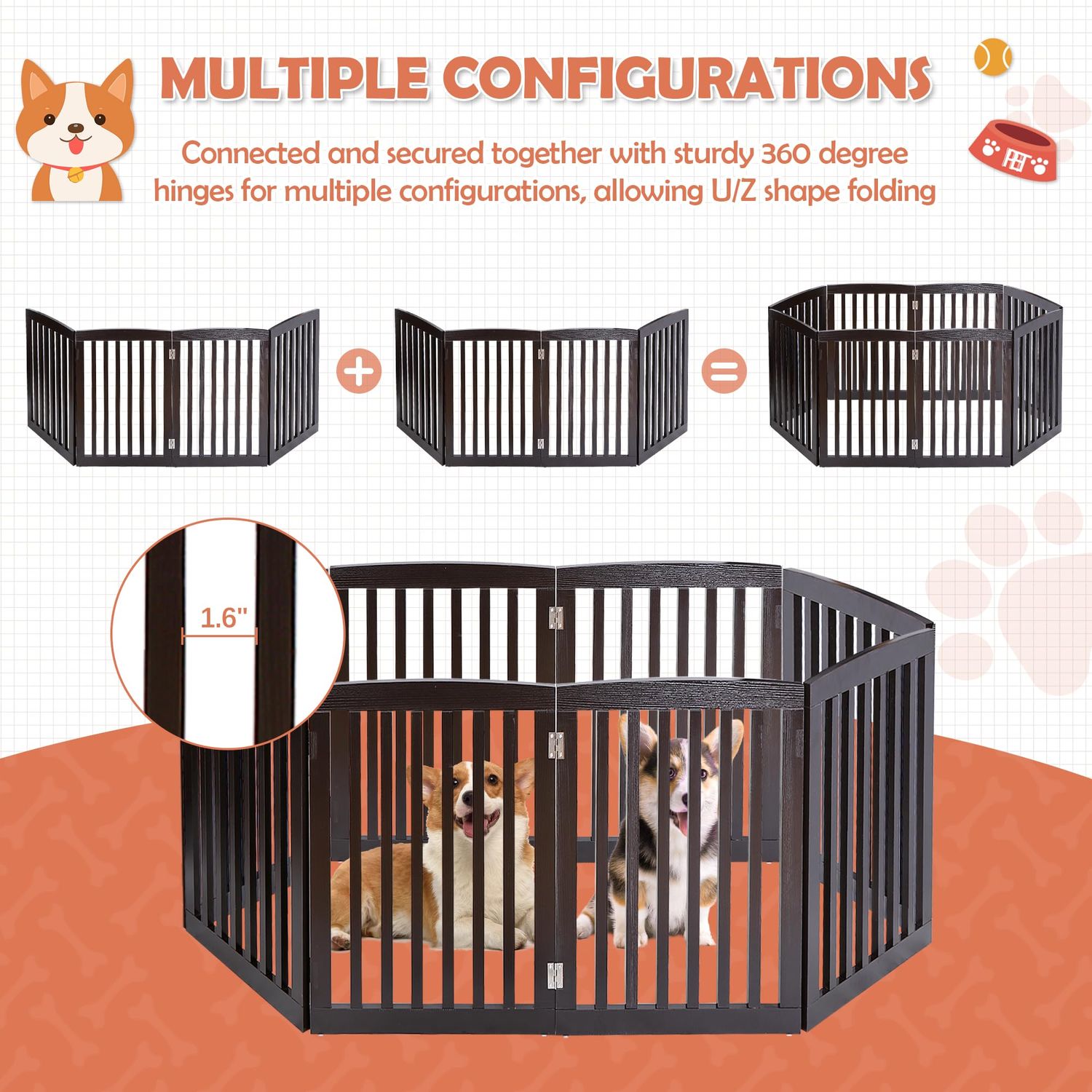 Dog Gate Pet Gate for House, Stairs, Hallways, Doorways 24Inch 4 Panels Foldable Dog Fence for Indoor Extra Wide Wooden (Coffee)