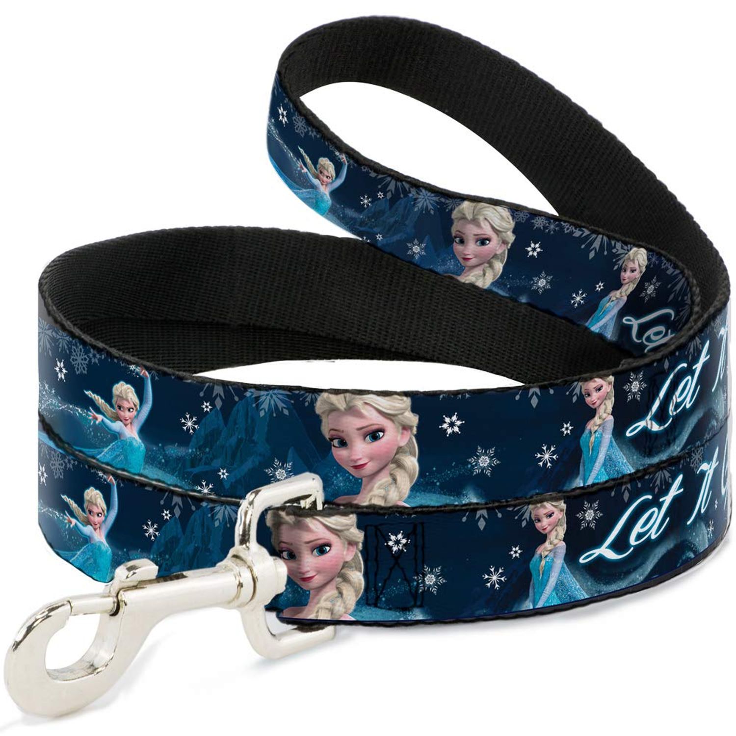 Buckle-Down Pet Leash - Elsa the Snow Queen Poses/Snowflakes LET IT GO Blues/White - 4 Feet Long - 1/2" Wide