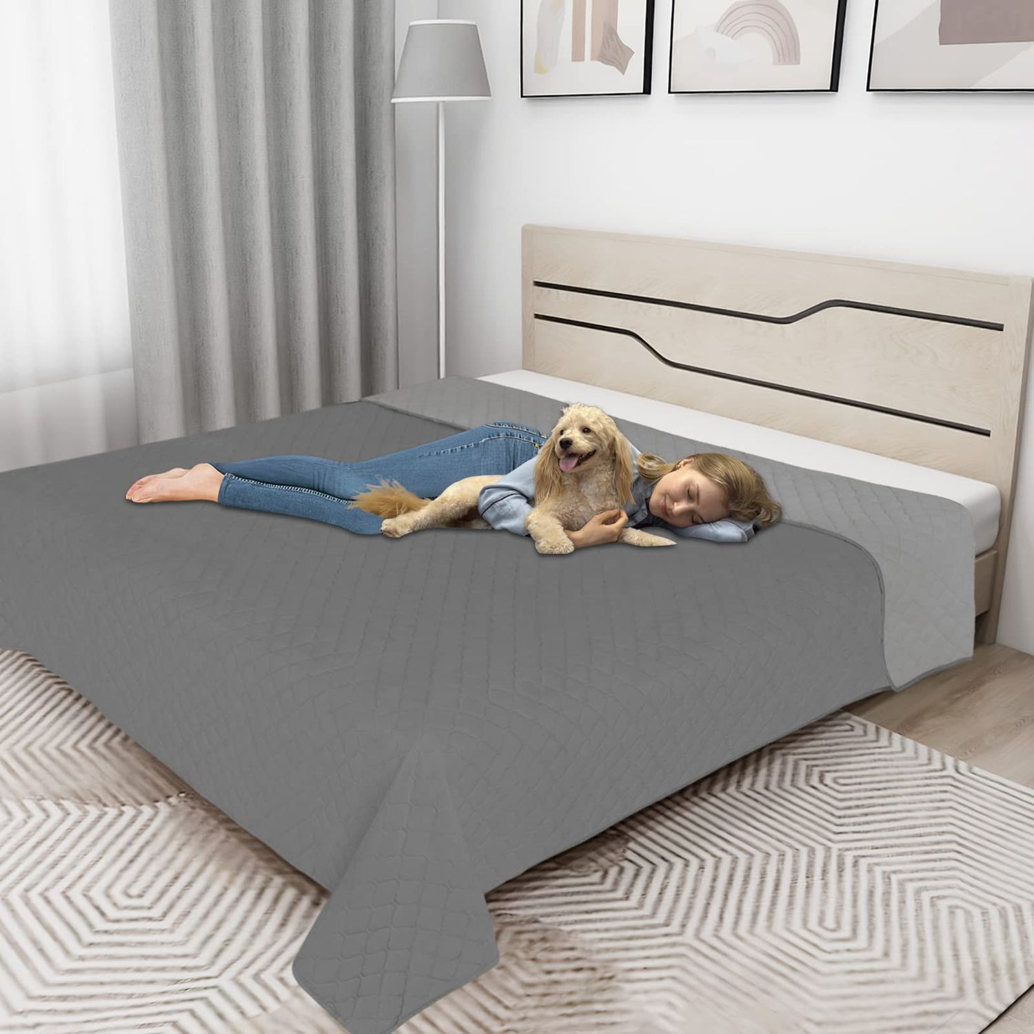 Easy-Going 100% Waterproof Dog Bed Cover Reversible Leak Proof Couch Cover Washable Sofa Cover Furniture Protector Blanket for Pets Kids Children Dog Cat (52x86 Inch, Gray/Light Gray)
